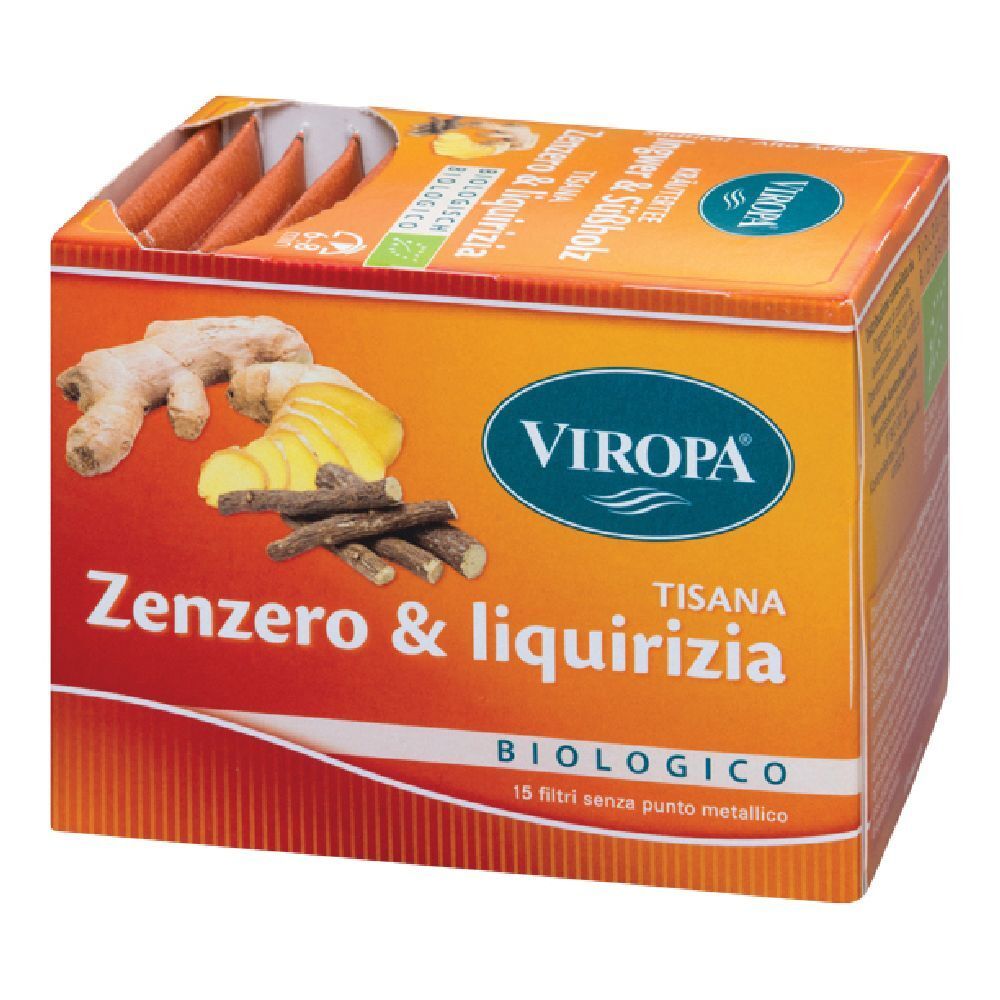 Confezione di tisana VIROPA Zenzero & liquirizia. Immagini di zenzero e liquirizia. Scritta « BIOLOGICO ». Contiene 15 bustine.