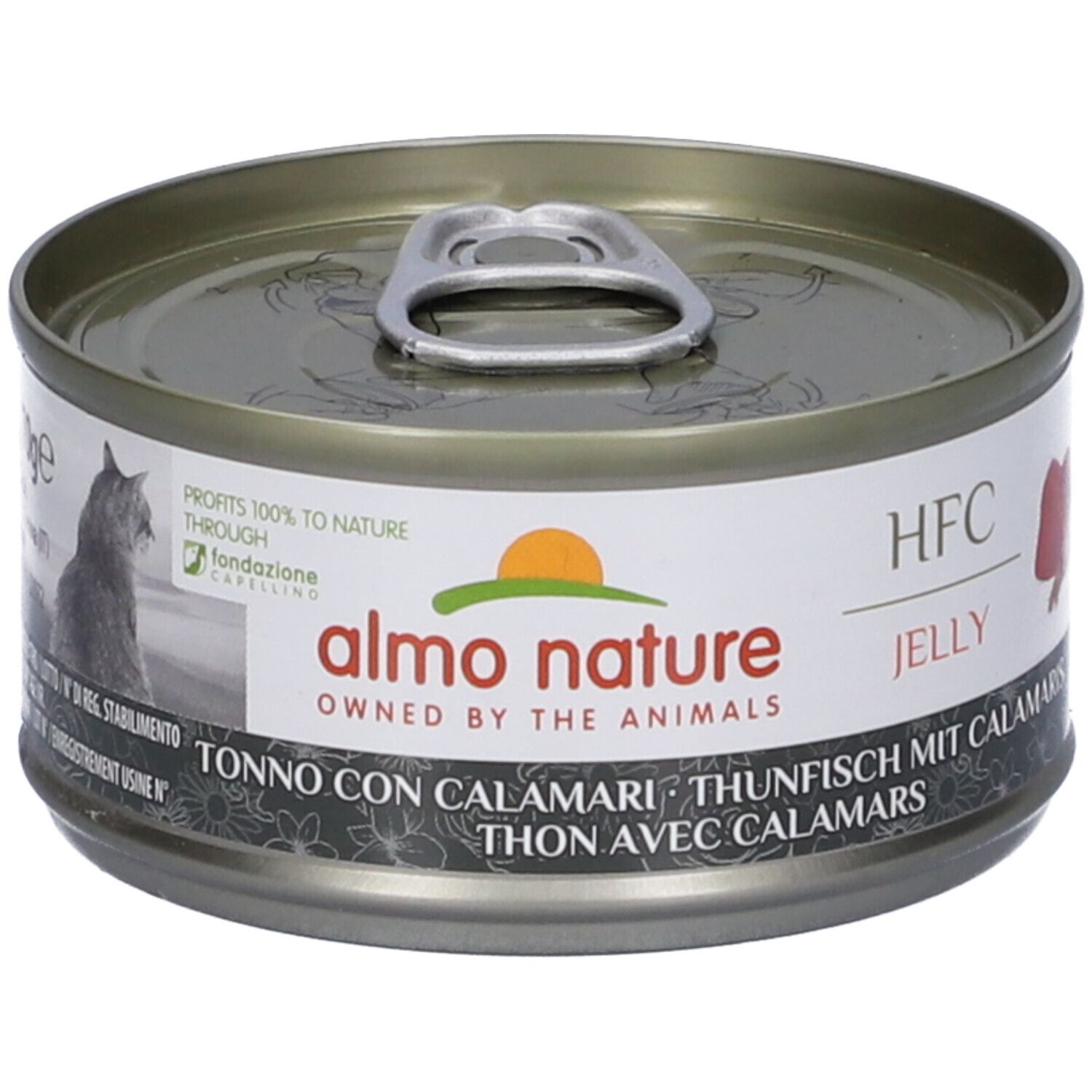 Lattina rotonda con coperchio. Scritta: Almo Nature, HFC Jelly, Tonno con Calamari. Immagine di un gatto.
