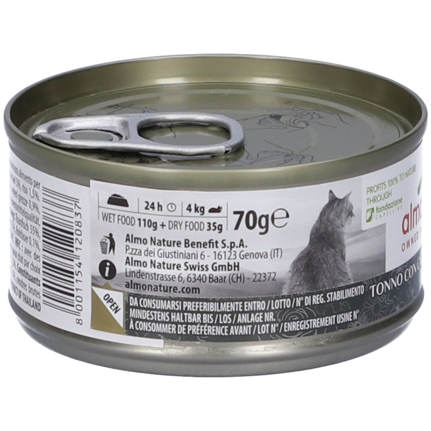 Lattina rotonda con coperchio. Scritta: Almo Nature, 70g. Informazioni su alimentazione e ingredienti. Immagine di un gatto.