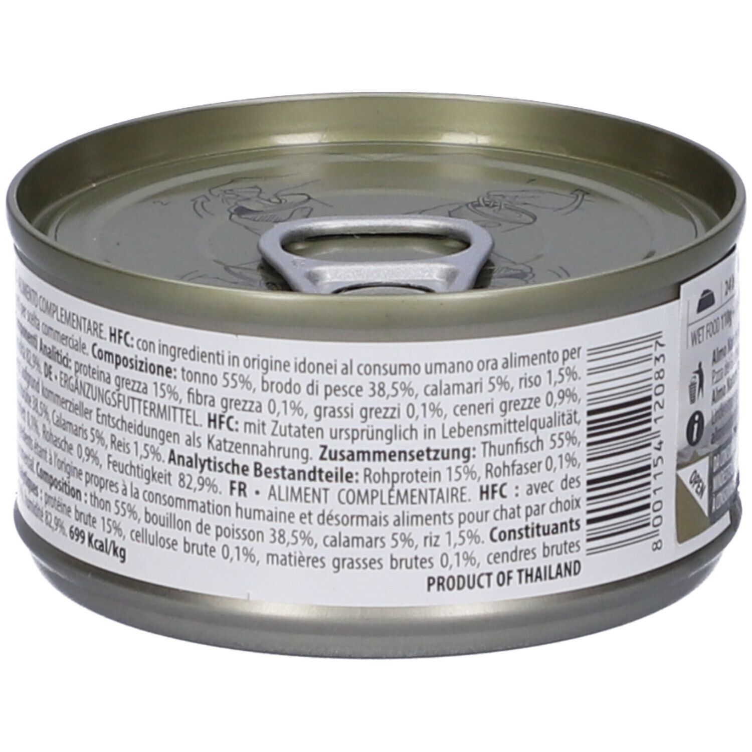Lattina rotonda con coperchio. Informazioni su ingredienti e valori nutrizionali. Testo in più lingue.