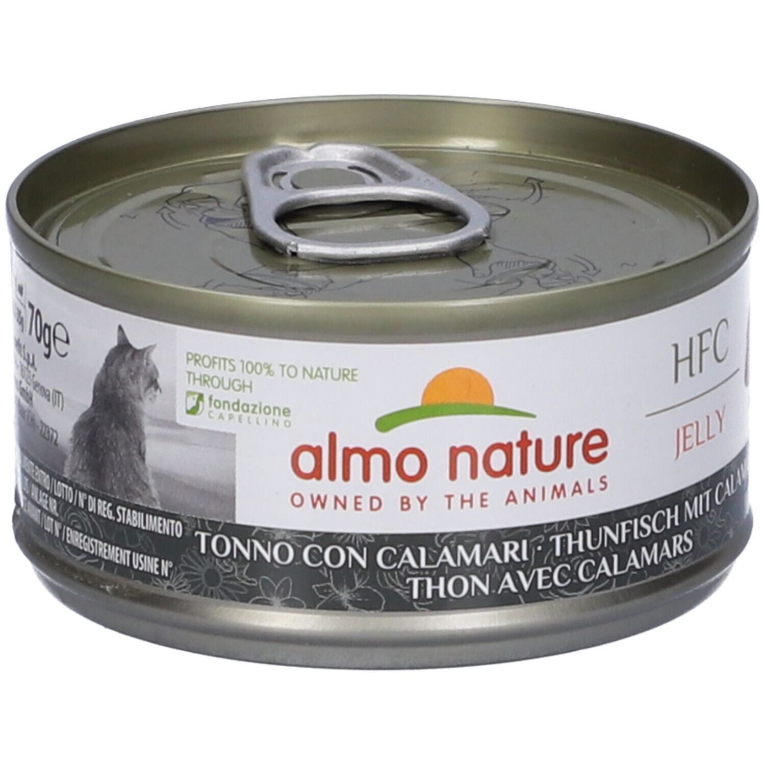 Lattina rotonda con coperchio. Scritta: Almo Nature, HFC Jelly, Tonno con Calamari. Immagine di un gatto.