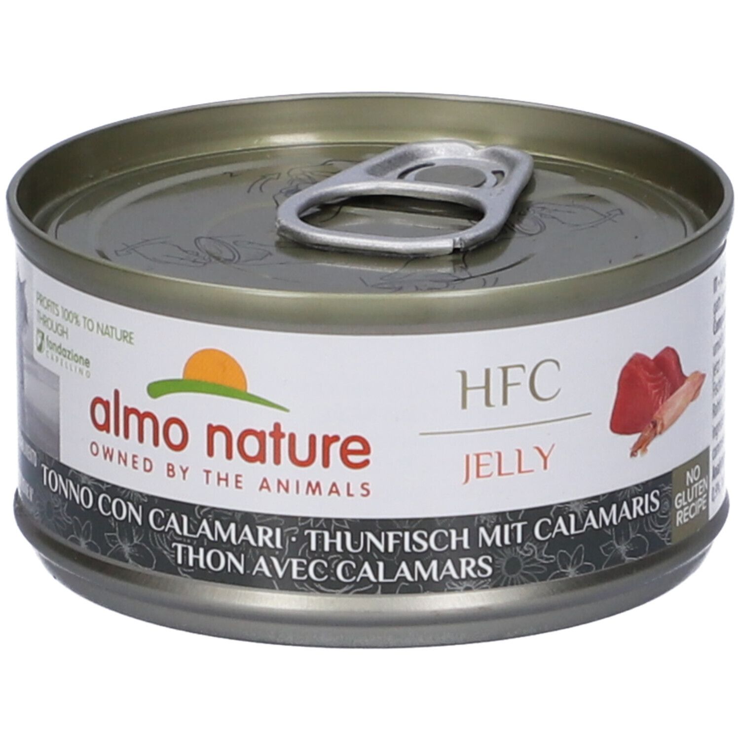 Lattina rotonda con coperchio. Scritta: Almo Nature, HFC Jelly, Tonno con Calamari. Immagine di tonno e calamari.