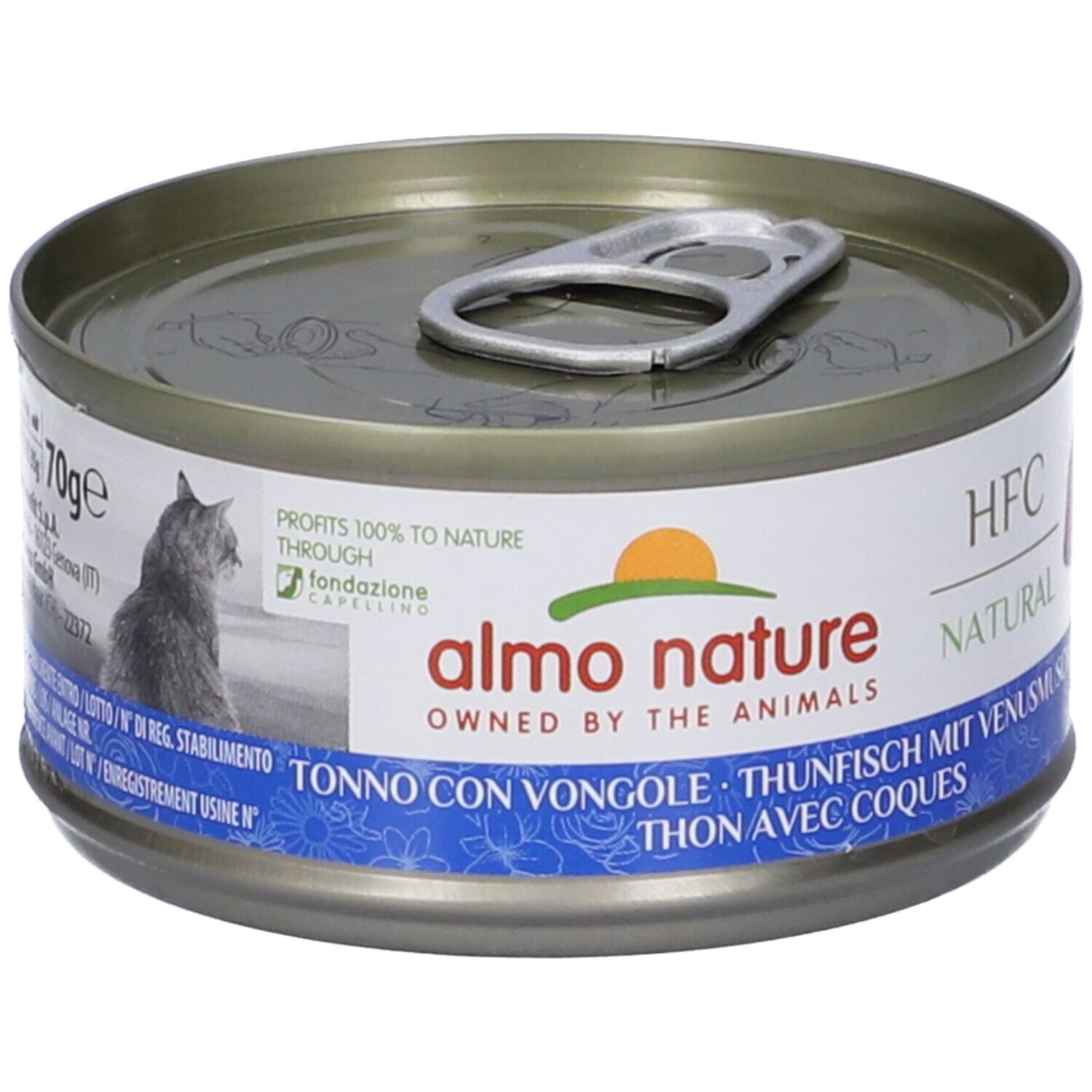 Lattina metallica rotonda con etichetta. Scritta: HFC Natural, Almo Nature. Immagine: gatto. Tonno con Vongole.