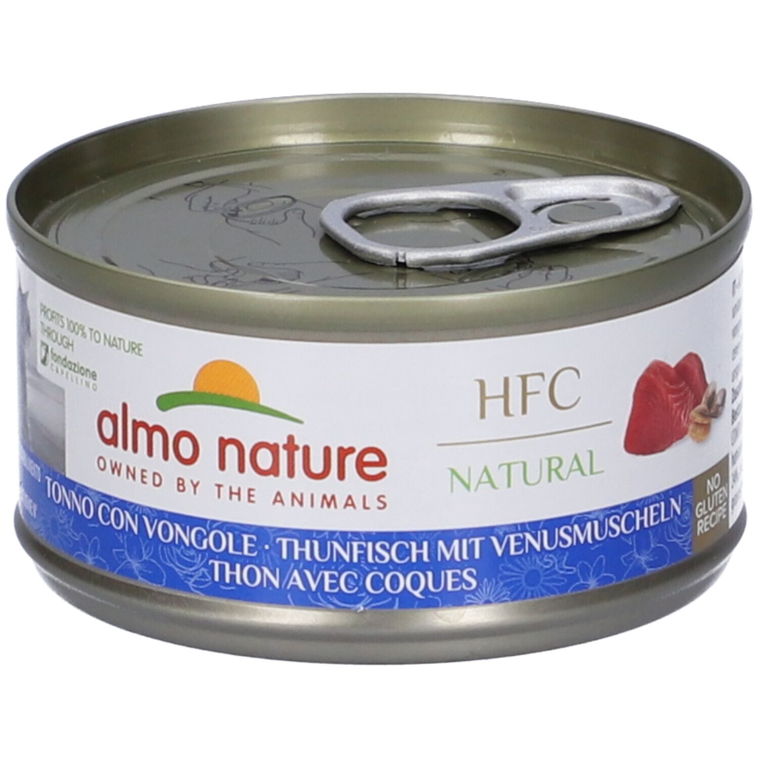 Lattina metallica rotonda con etichetta. Scritta: HFC Natural, Almo Nature. Immagine: tonno. Tonno con Vongole.