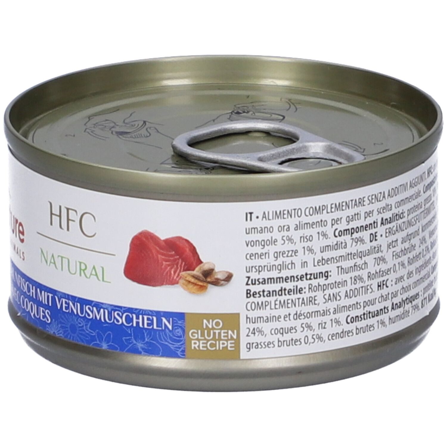 Lattina metallica rotonda con etichetta. Scritta: HFC Natural, Almo Nature. Immagine: tonno. Tonno con Vongole.