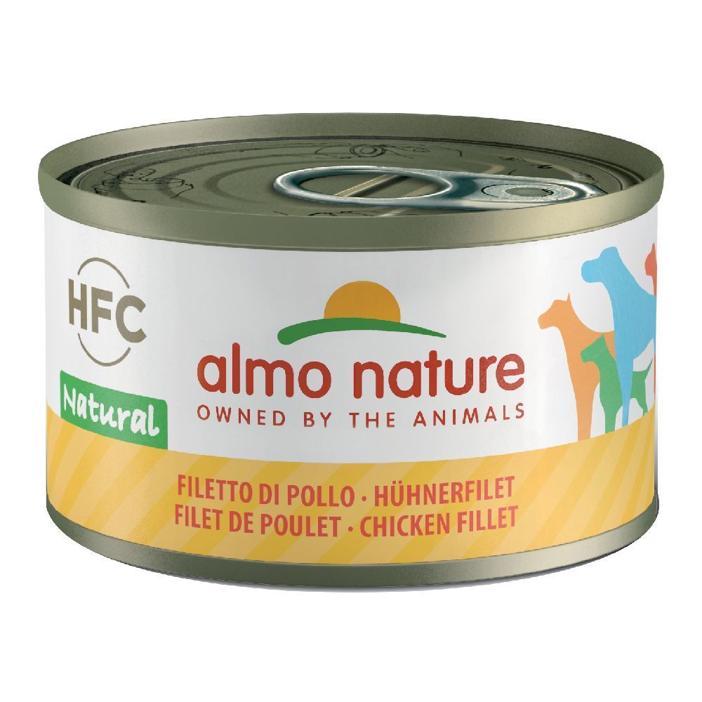 Lattina HFC Natural con logo "almo nature". Scritta: Filetto di Pollo, Chicken Filet. Immagine di cani.