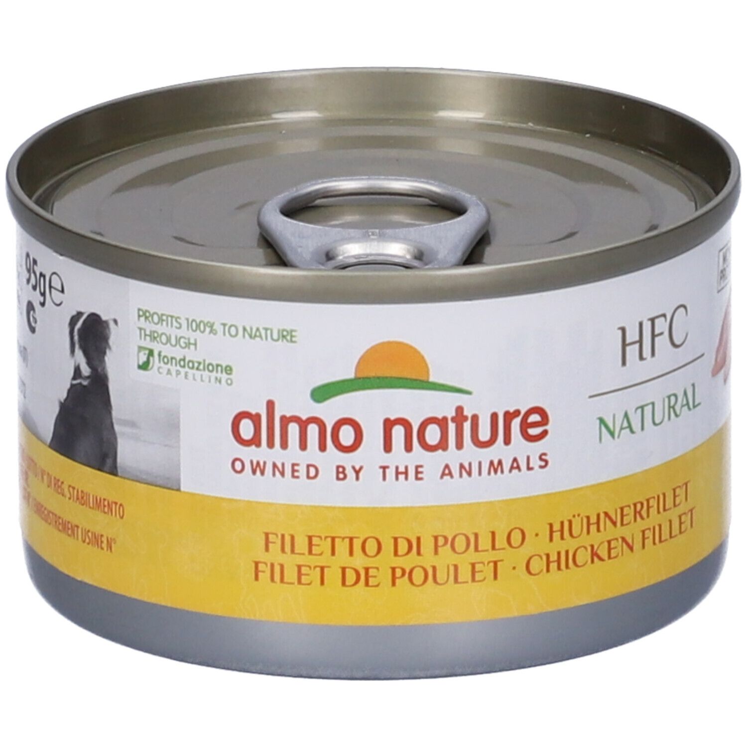 Lattina HFC Natural con logo "almo nature". Scritta: Filetto di Pollo, Chicken Filet. 95g. Immagine di cane.