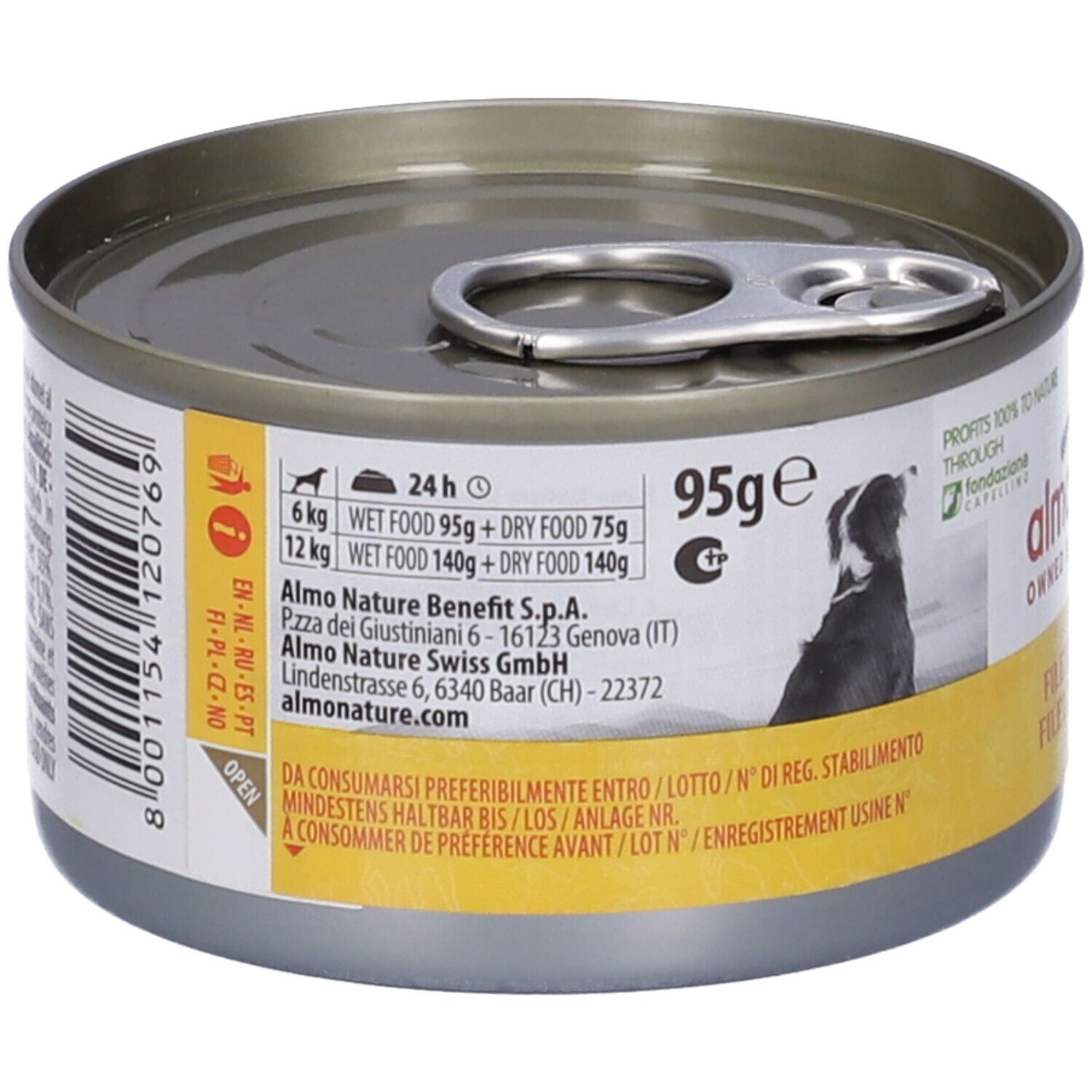Lattina HFC Natural con logo "almo nature". Scritta: Filetto di Pollo, Chicken Filet. 95g. Immagine di cane.