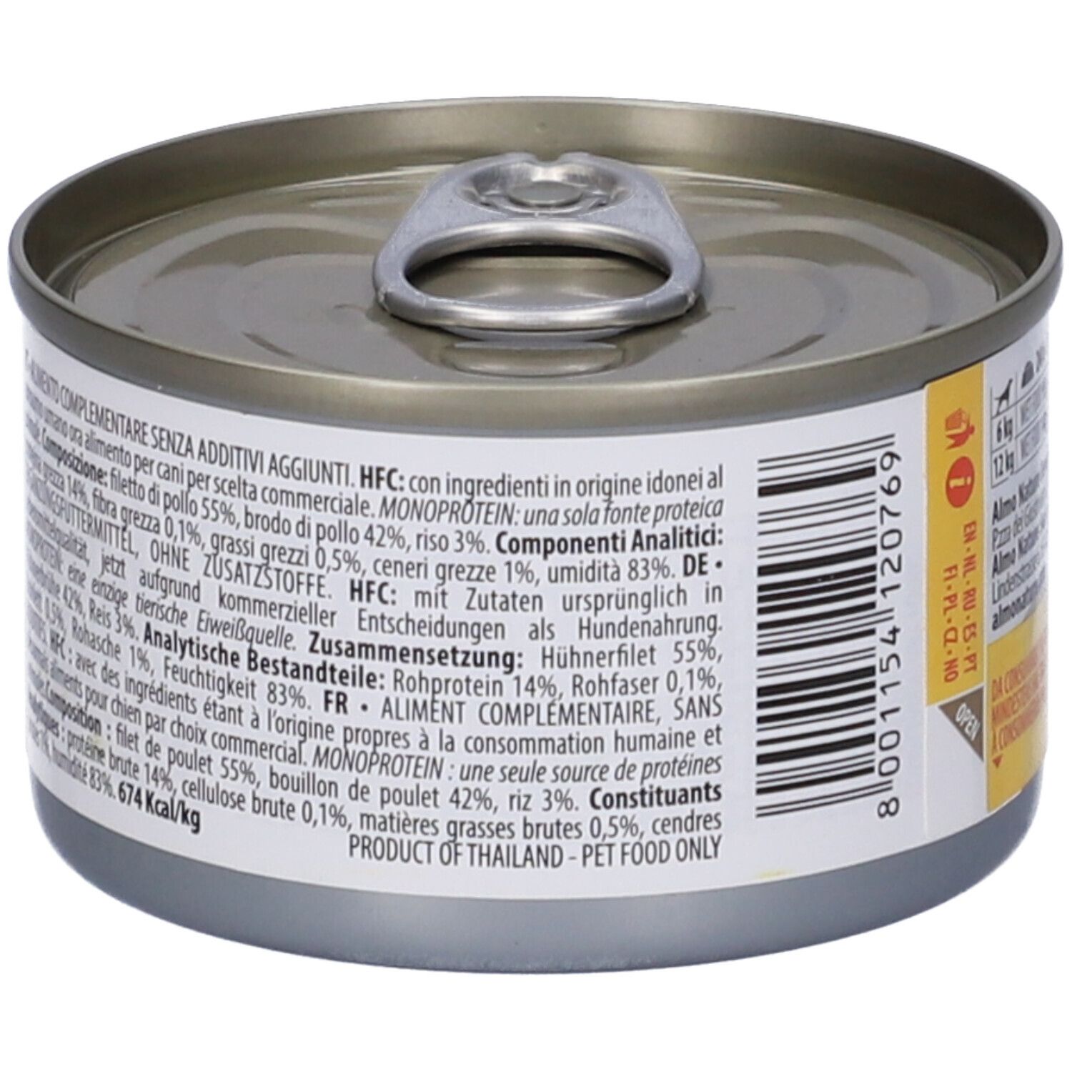 Lattina HFC Natural con logo "almo nature". Scritta: Filetto di Pollo, Chicken Filet. 95g. Informazioni dettagliate.