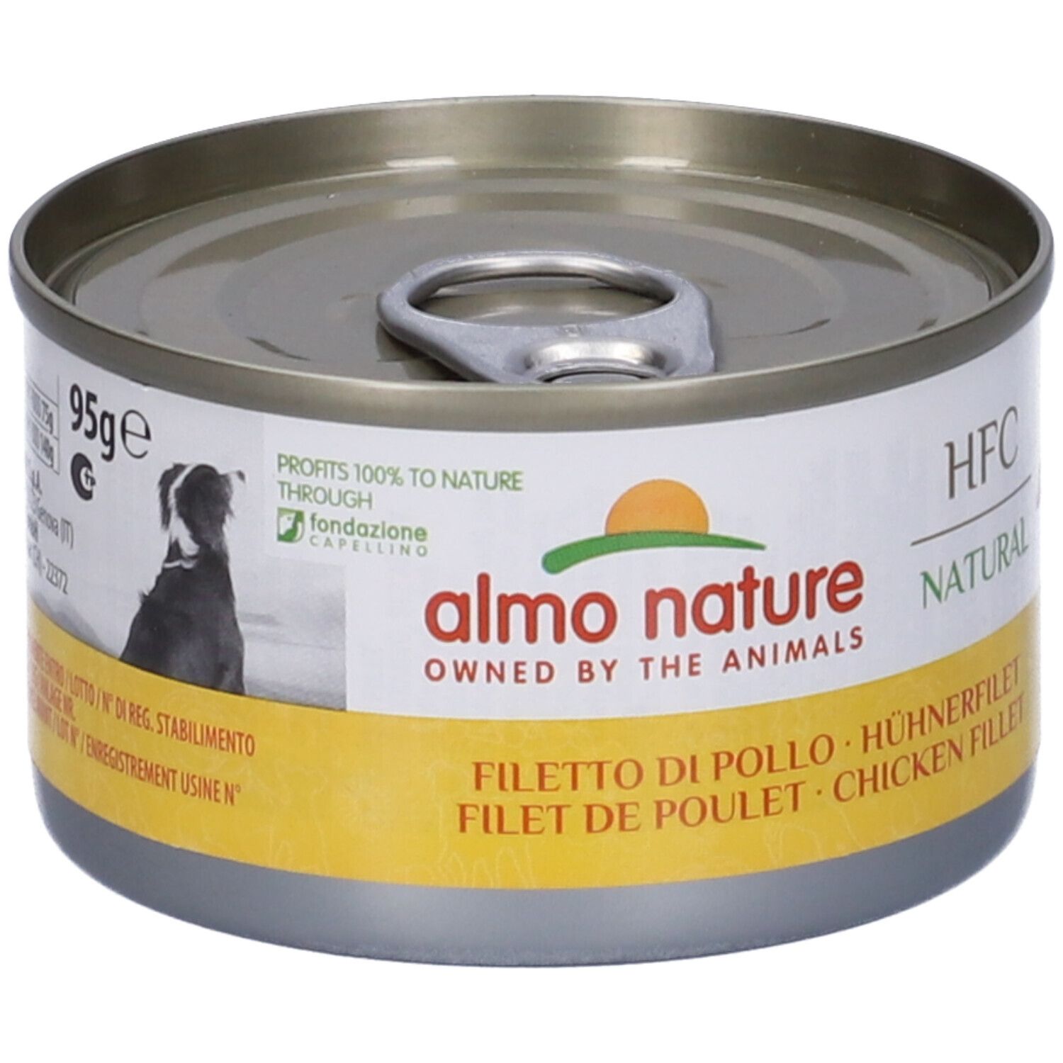 Lattina HFC Natural con logo "almo nature". Scritta: Filetto di Pollo, Chicken Filet. 95g. Immagine di cane.