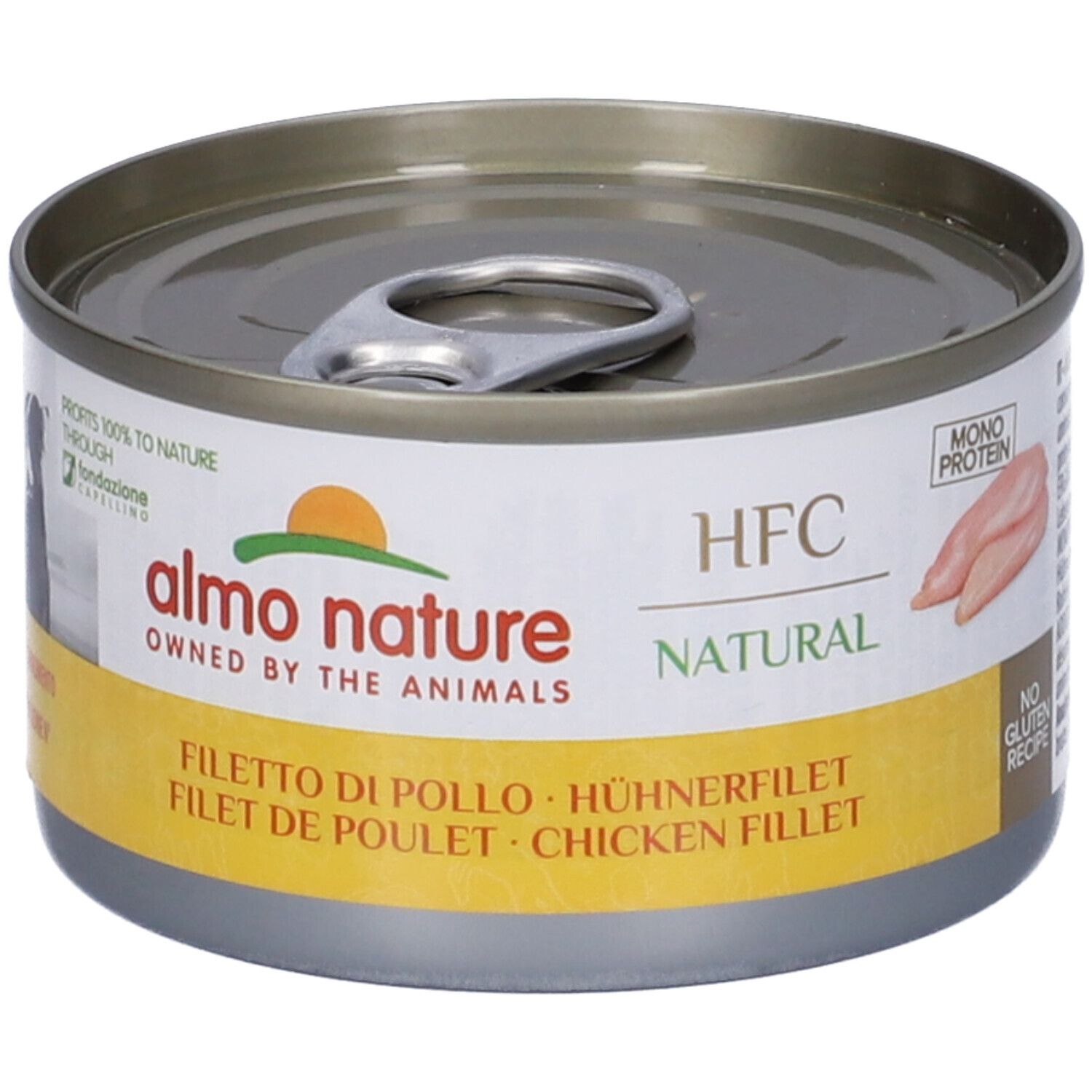 Lattina HFC Natural con logo "almo nature". Scritta: Filetto di Pollo, Chicken Filet. 95g. Immagine di filetto di pollo.