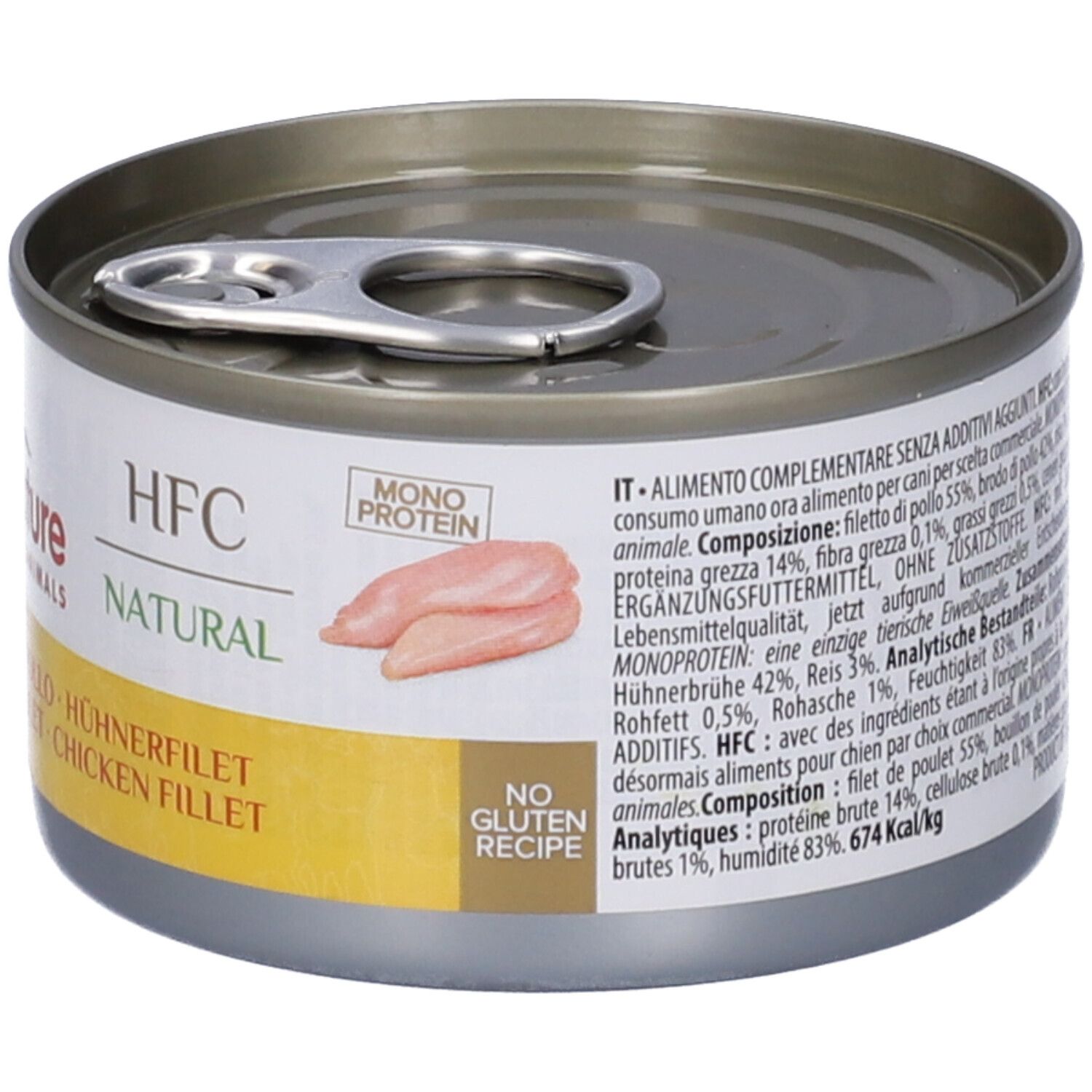 Lattina HFC Natural con logo "almo nature". Scritta: Filetto di Pollo, Chicken Filet. Immagine di filetto di pollo.