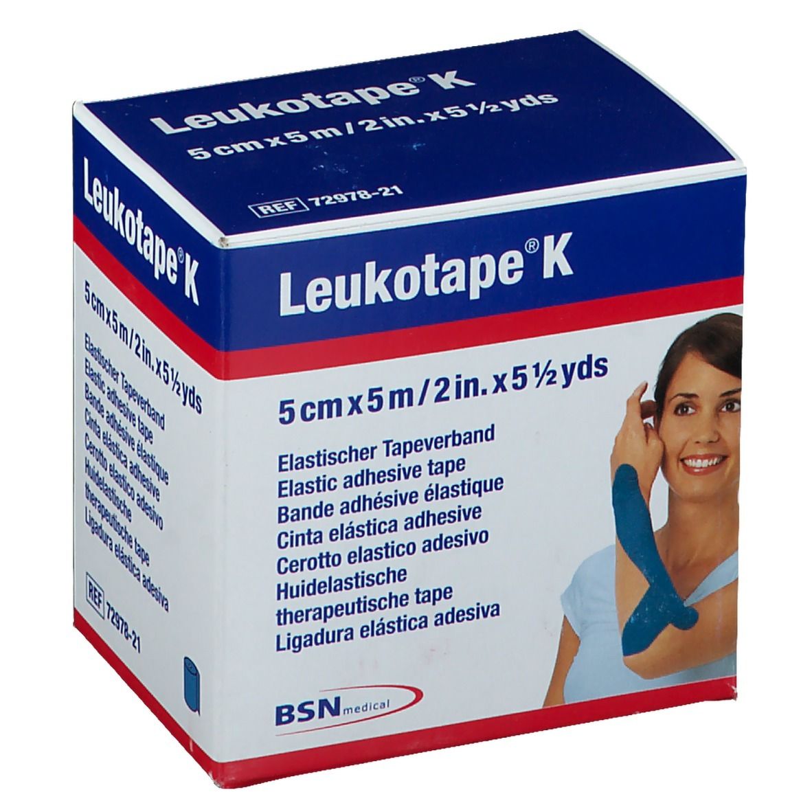 Confezione con nome, dimensioni e donna con nastro blu sul braccio.