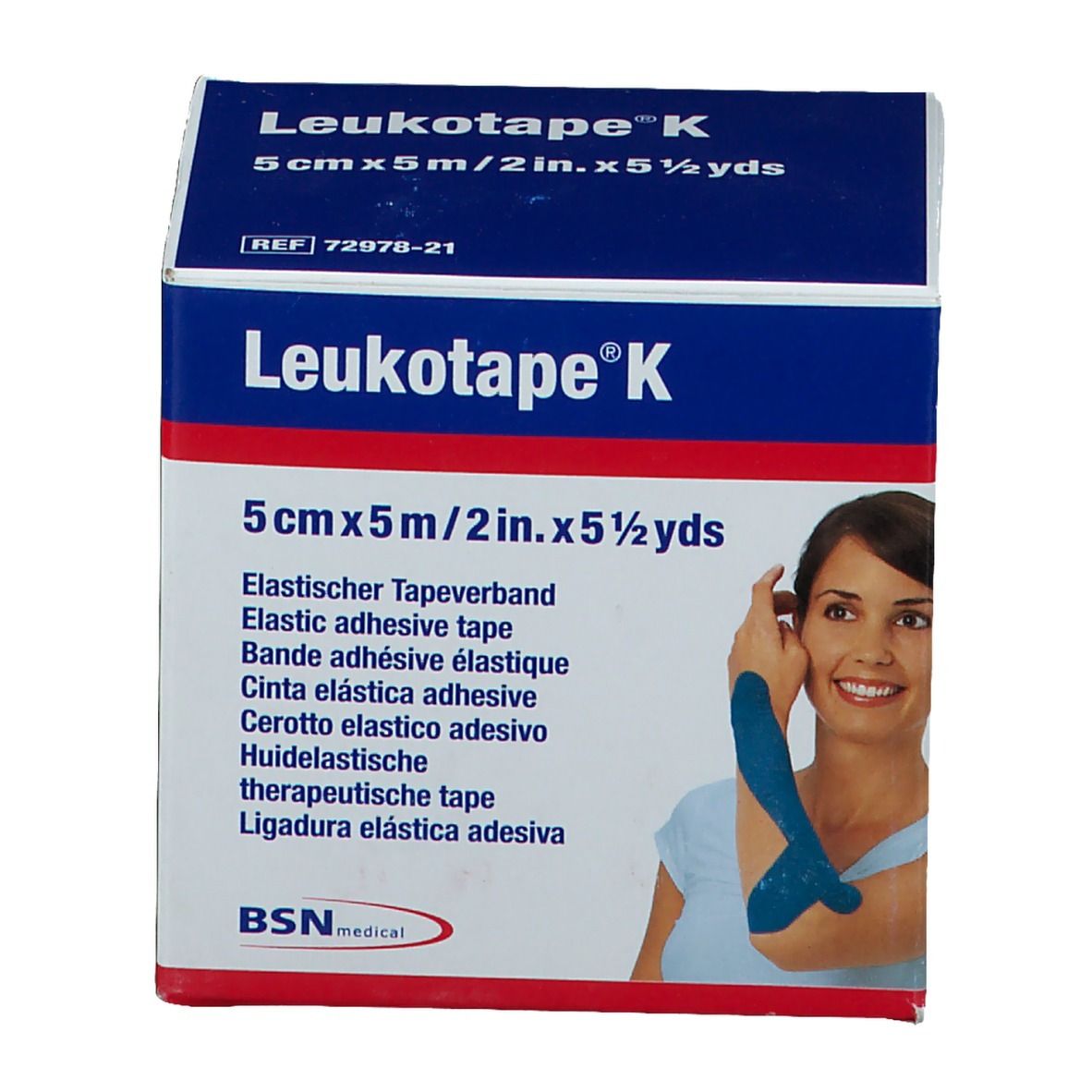 Confezione con nome, dimensioni e donna con nastro blu sul braccio.
