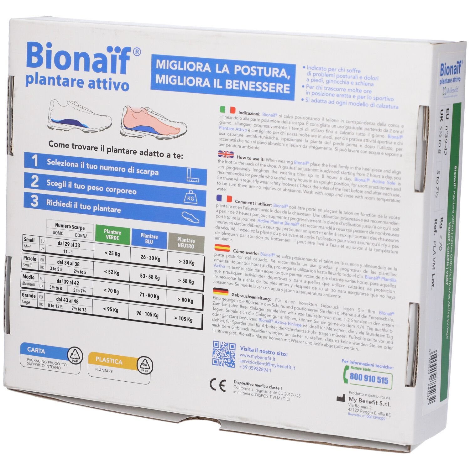 Rückseite der Produktverpackung. Enthält Informationen zur Anwendung und Größentabelle. Text in mehreren Sprachen.