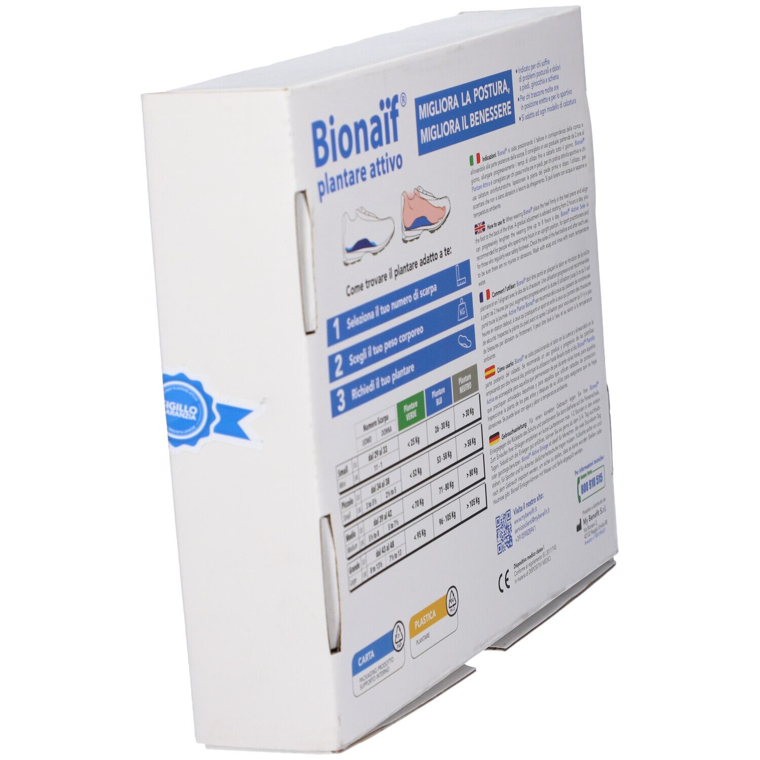 Produktverpackung, schräge Ansicht. Aufschrift: Bionaif plantare attivo. Mit Informationen zur Anwendung.