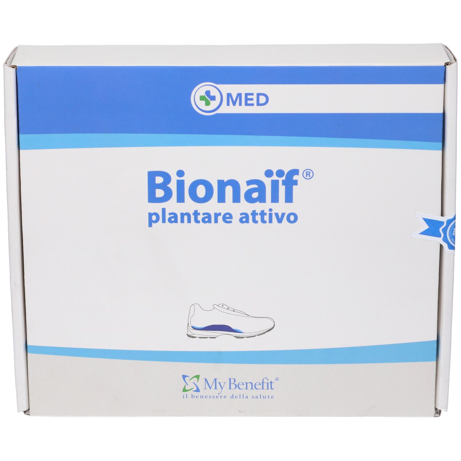 Produktverpackung, Frontansicht. Aufschrift: Bionaif plantare attivo. Logo und Produktabbildung.