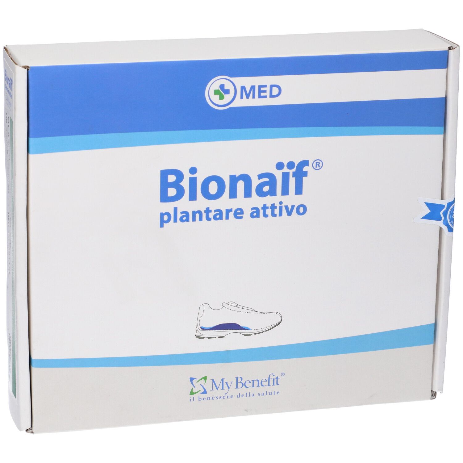 Produktverpackung, Frontansicht. Aufschrift: Bionaif plantare attivo. Logo und Produktabbildung.