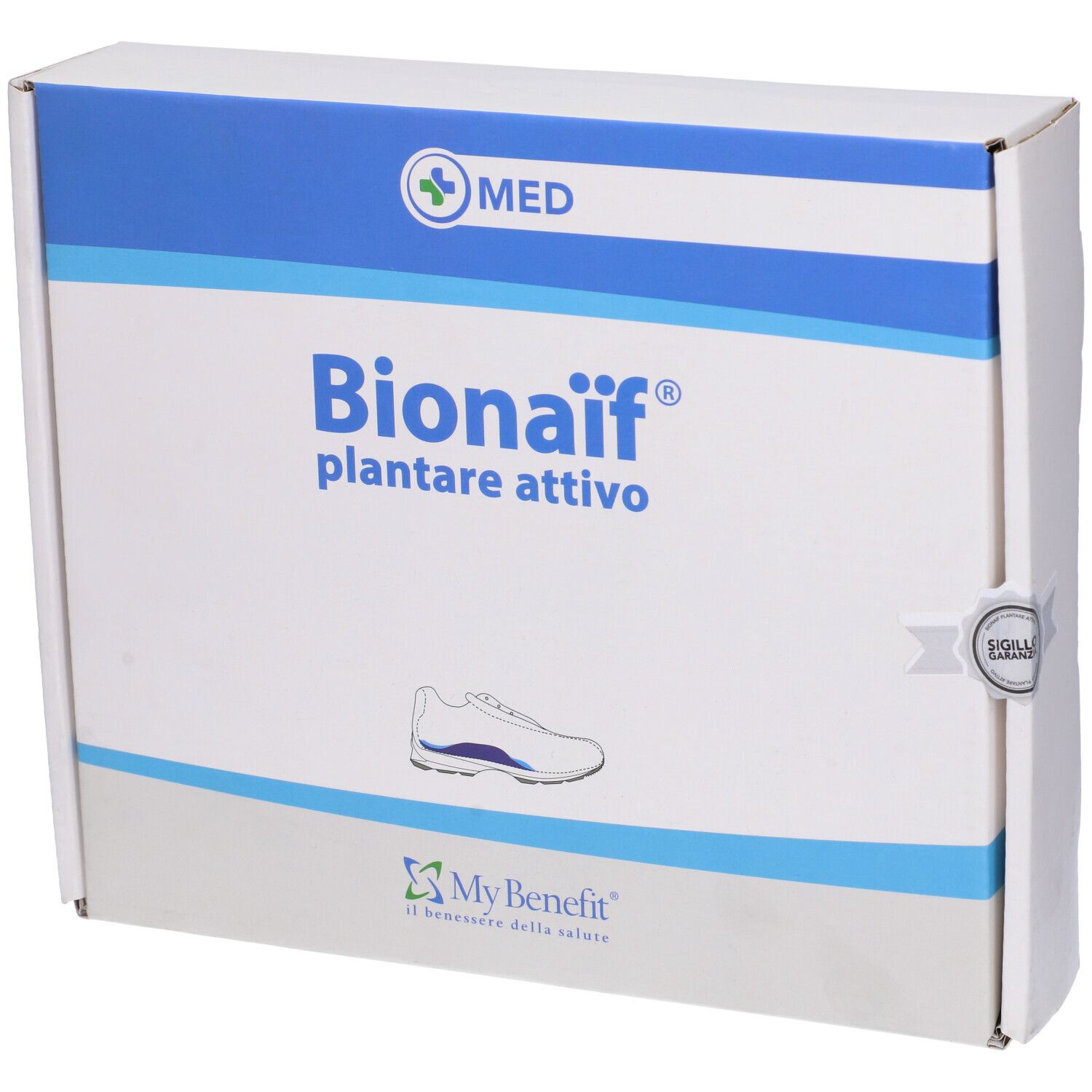 Confezione di Plantare Attivo Preformato Bionaif Neutro. Bianca con coperchio blu, logo e nome del prodotto.
