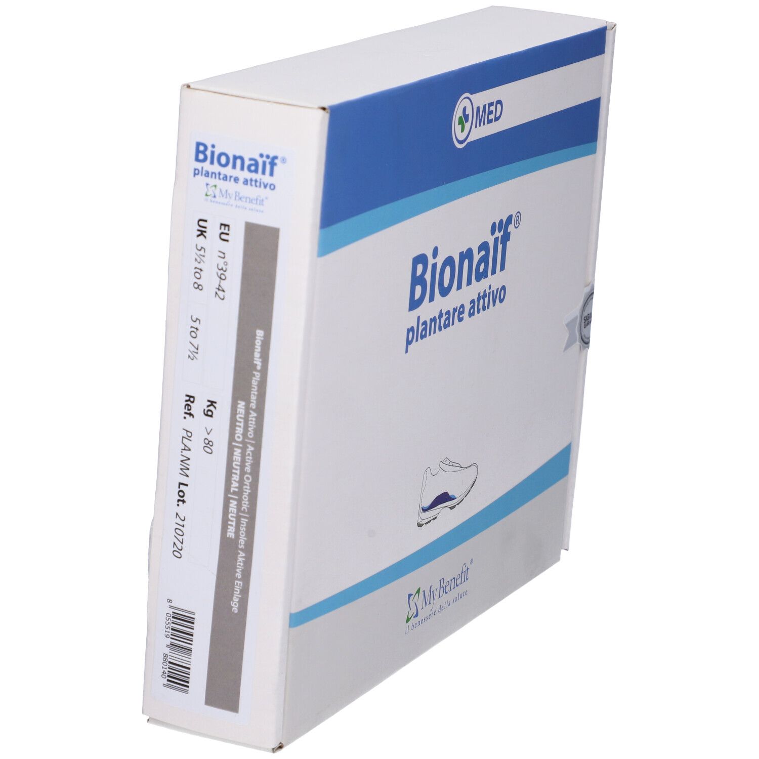 Scatola di Plantare Attivo Preformato Bionaif Neutro. Bianca con fascia blu, nome del prodotto e logo.