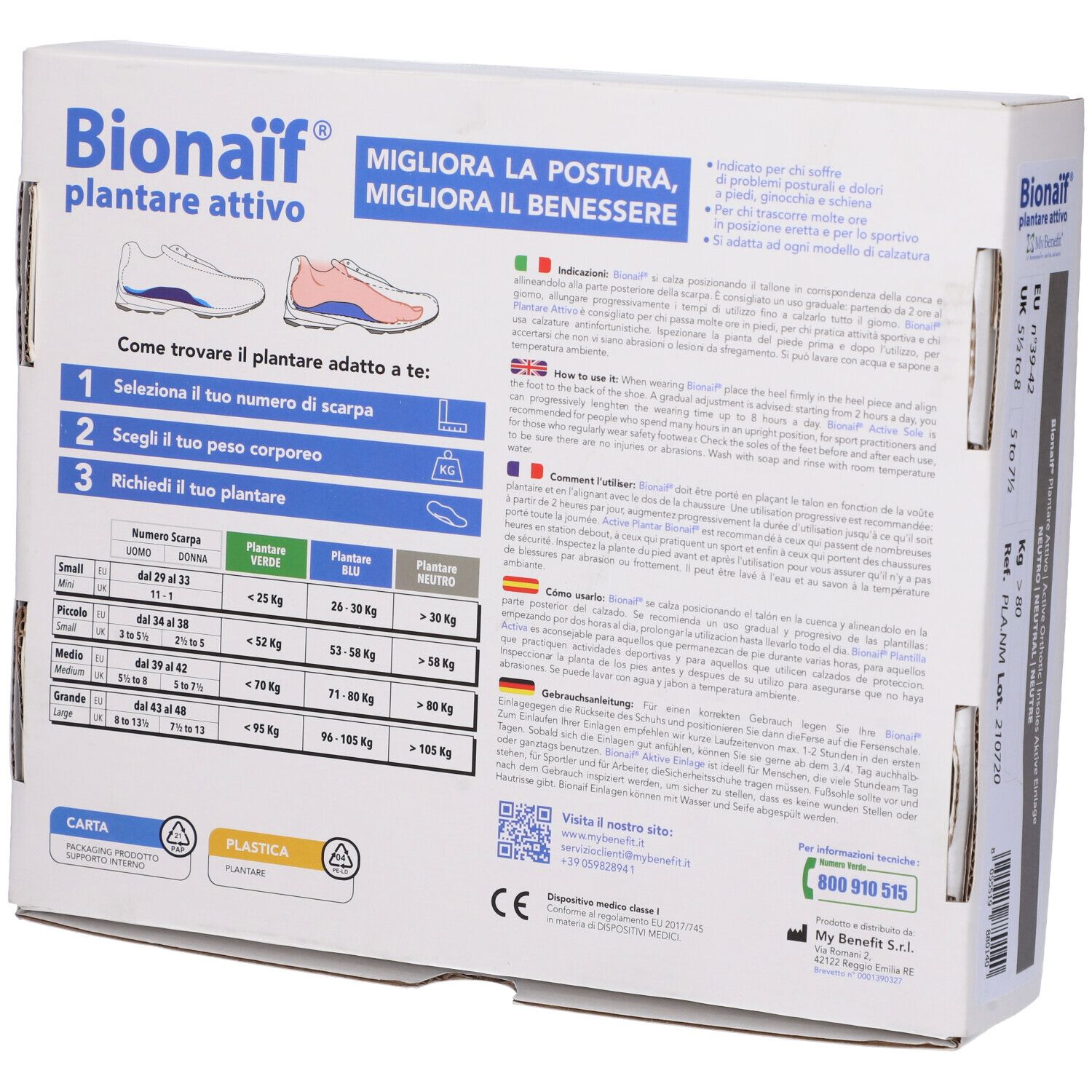 Retro della confezione di Plantare Attivo Preformato Bionaif Neutro. Testo, informazioni sulle taglie e loghi.