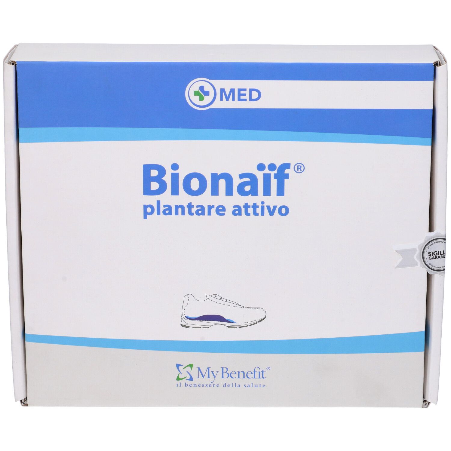 Confezione di Plantare Attivo Preformato Bionaif Neutro. Bianca con coperchio blu, logo e nome del prodotto.