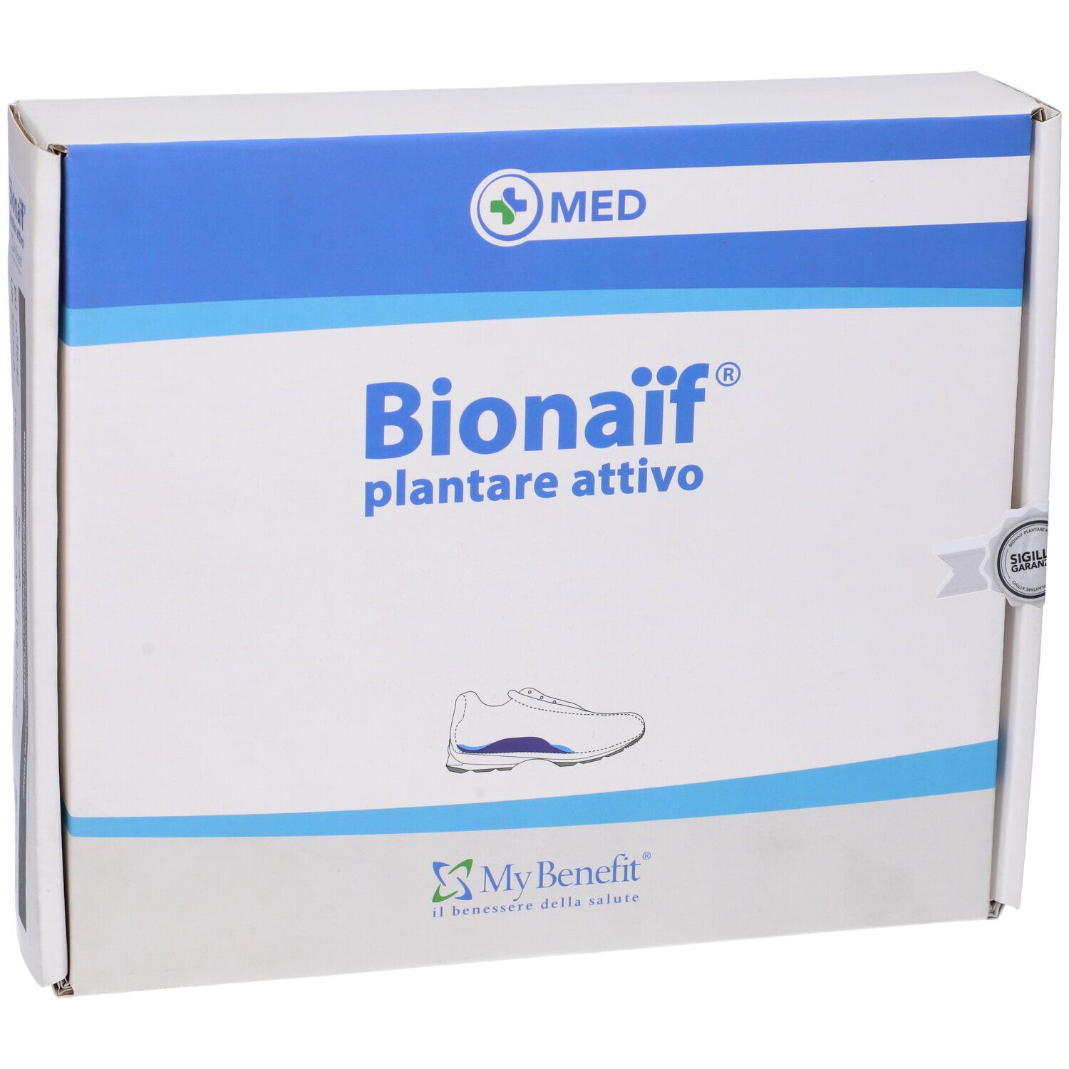 Confezione di Plantare Attivo Preformato Bionaif Neutro. Bianca con coperchio blu, logo e nome del prodotto.