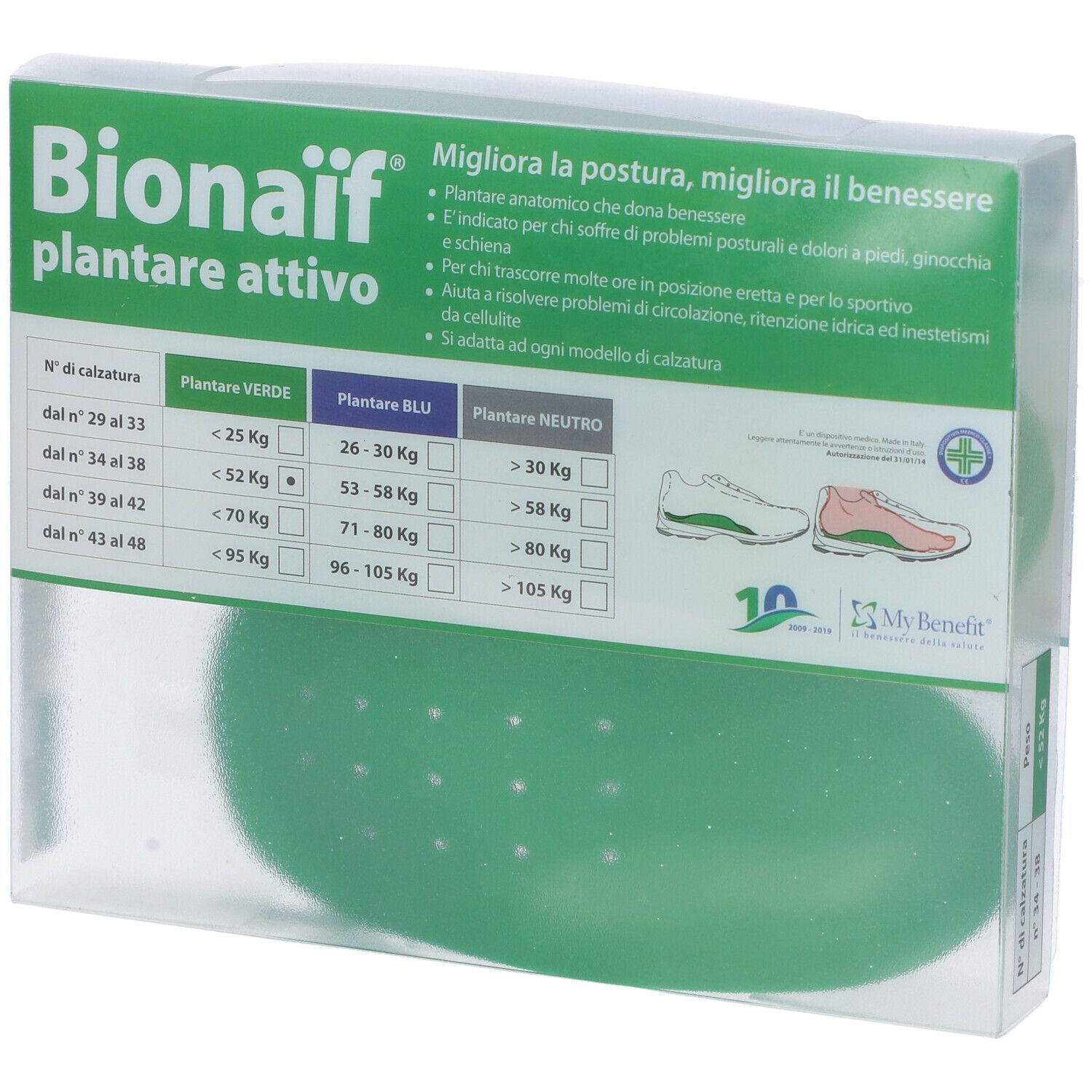 Confezione con soletta verde. Scritta: Bionaif plantare attivo. Tabella taglie.