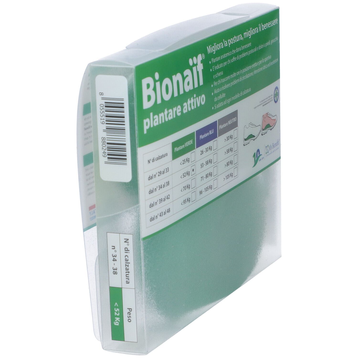 Confezione con soletta verde. Scritta: Bionaif plantare attivo. Tabella taglie.