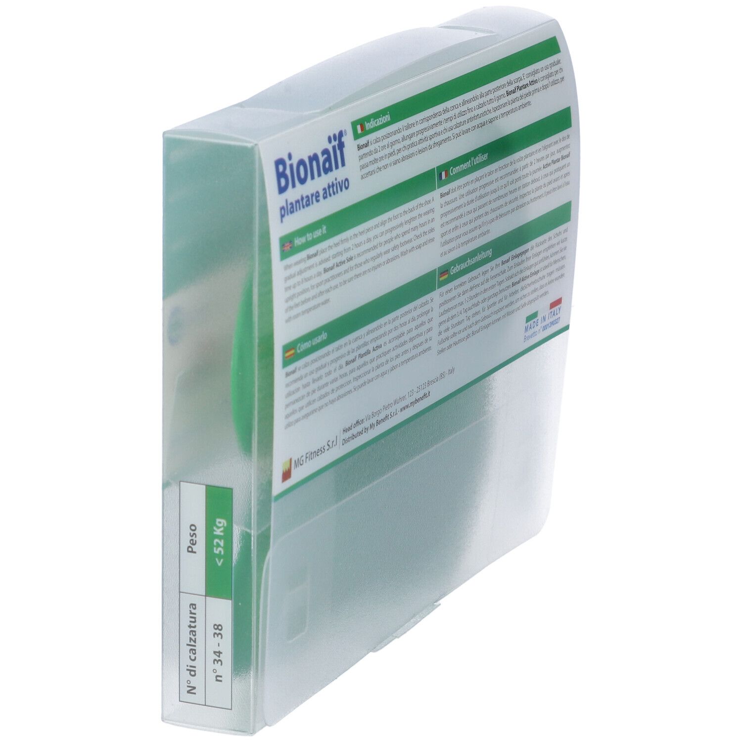 Confezione con soletta verde. Scritta: Bionaif plantare attivo. Retro con testo.