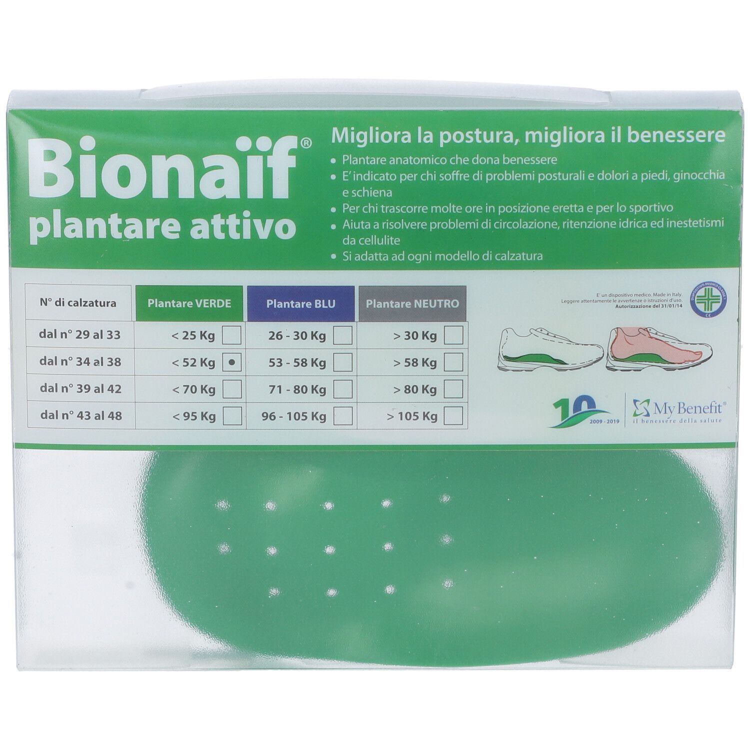 Confezione con soletta verde. Scritta: Bionaif plantare attivo. Tabella taglie.