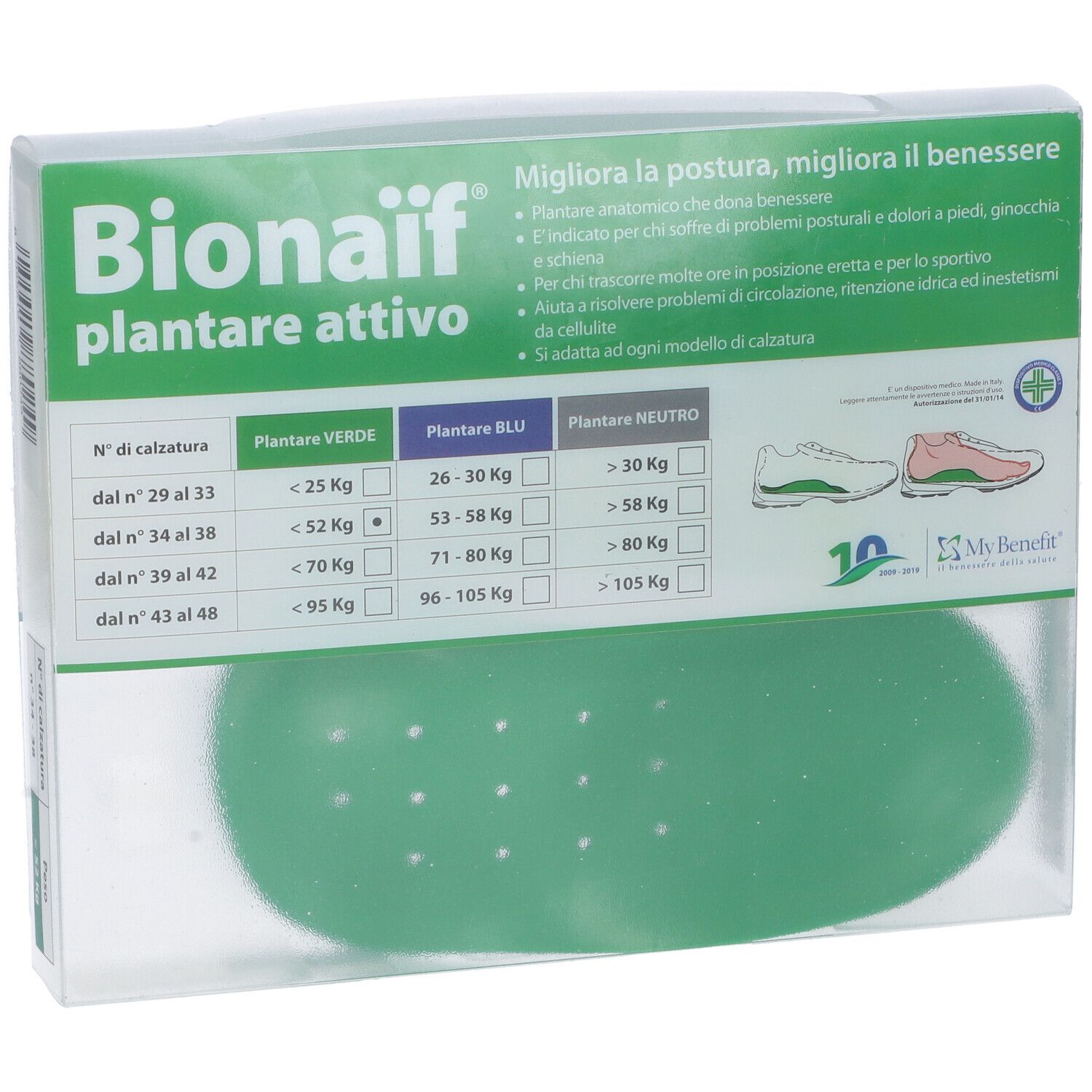 Confezione con soletta verde. Scritta: Bionaif plantare attivo. Tabella taglie.