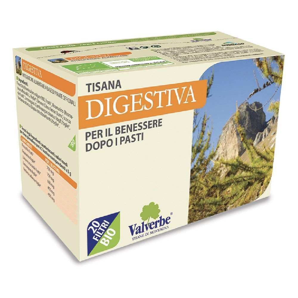 Scatola 'Tisana Digestiva' con 20 filtri. Certificazione bio. Immagine di montagna.