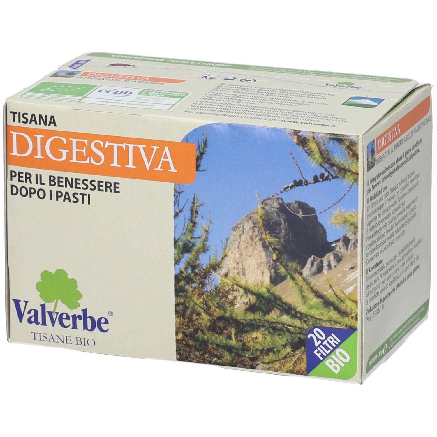 Scatola 'Tisana Digestiva' con 20 filtri. Certificazione bio. Paesaggio montano.