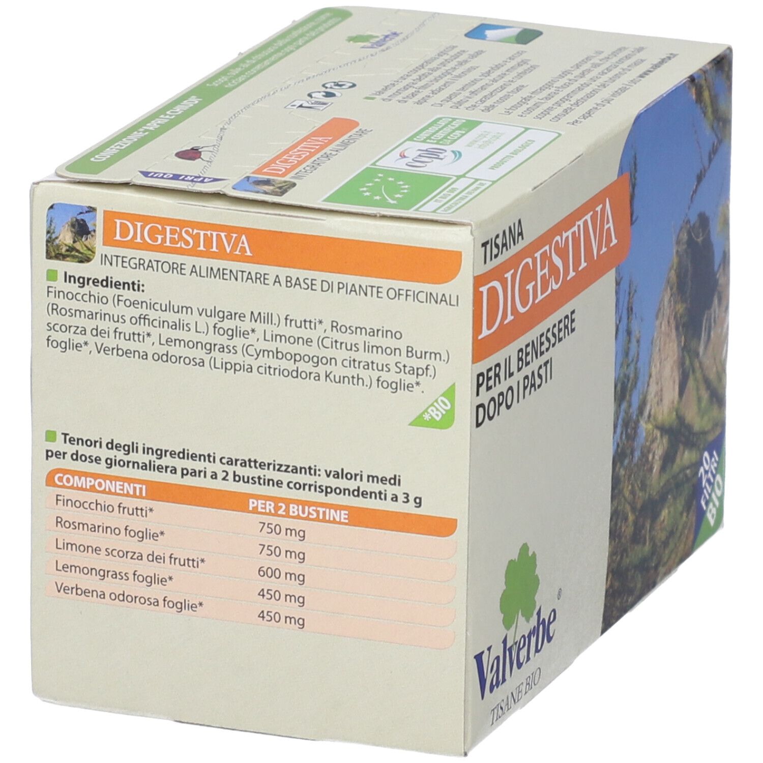 Scatola 'Tisana Digestiva'. Elenco ingredienti e valori nutrizionali. Certificazione bio.