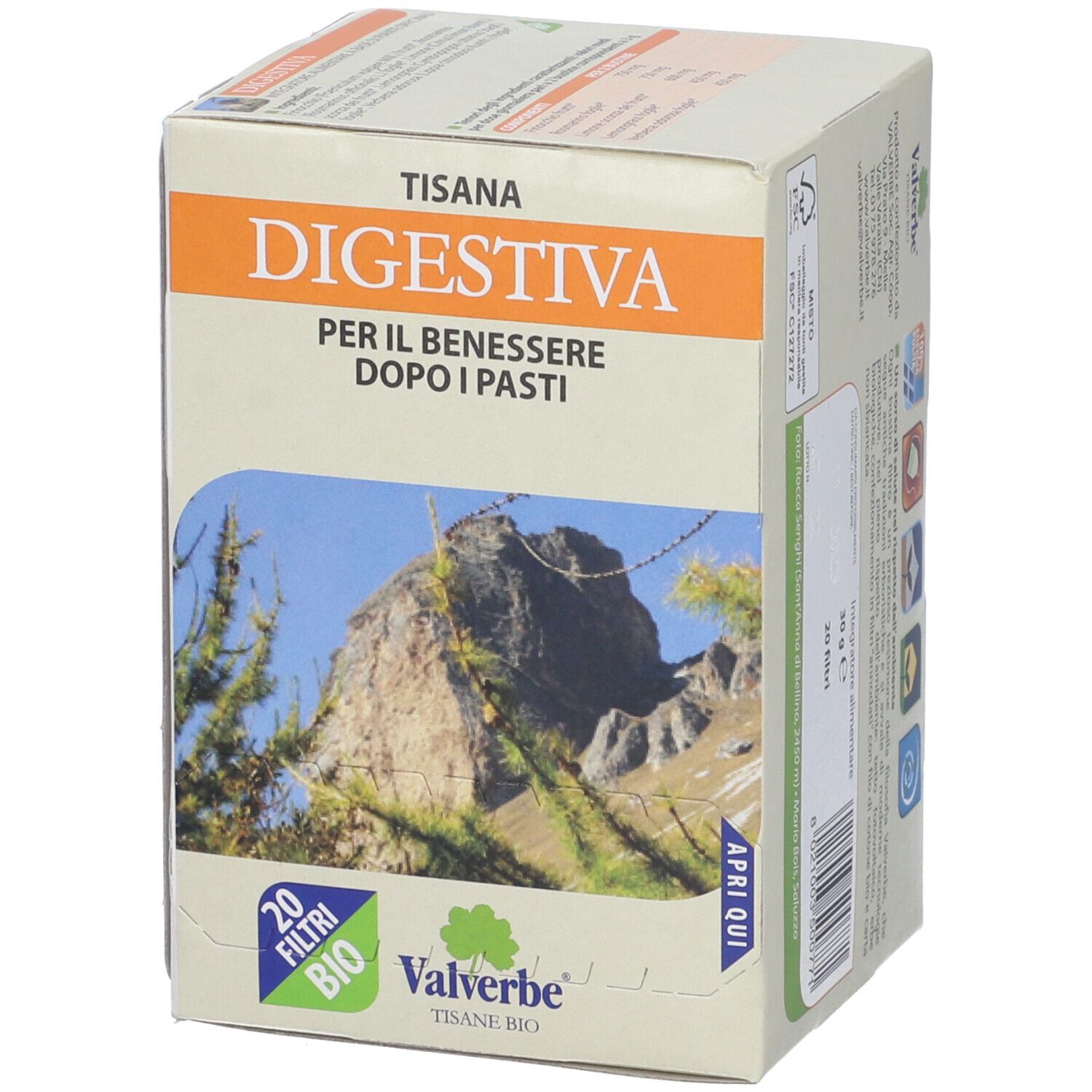 Scatola 'Tisana Digestiva' con 20 filtri. Certificazione bio. Scritta 'Apri qui'.