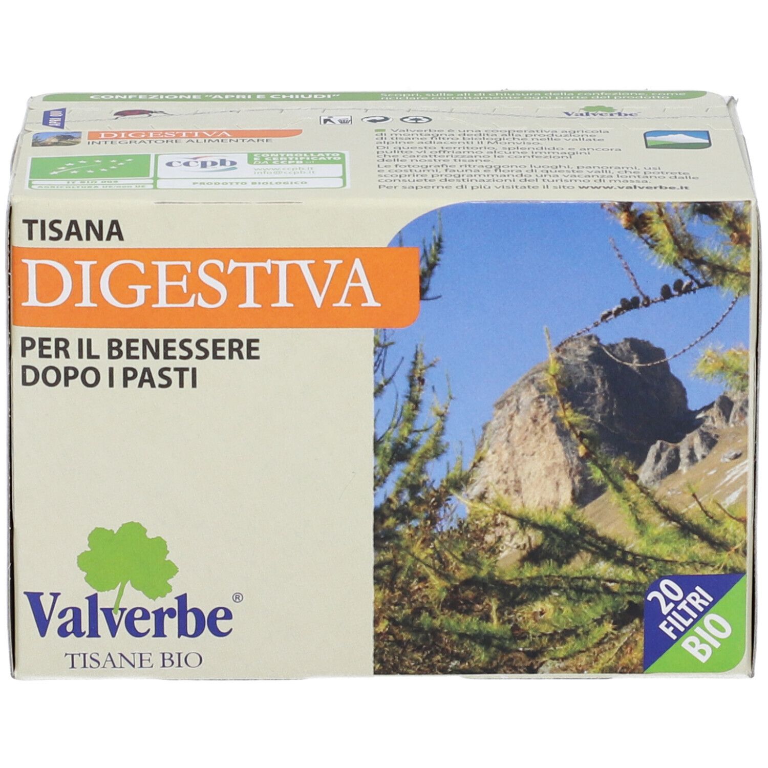 Scatola 'Tisana Digestiva' con 20 filtri. Certificazione bio. Paesaggio montano.
