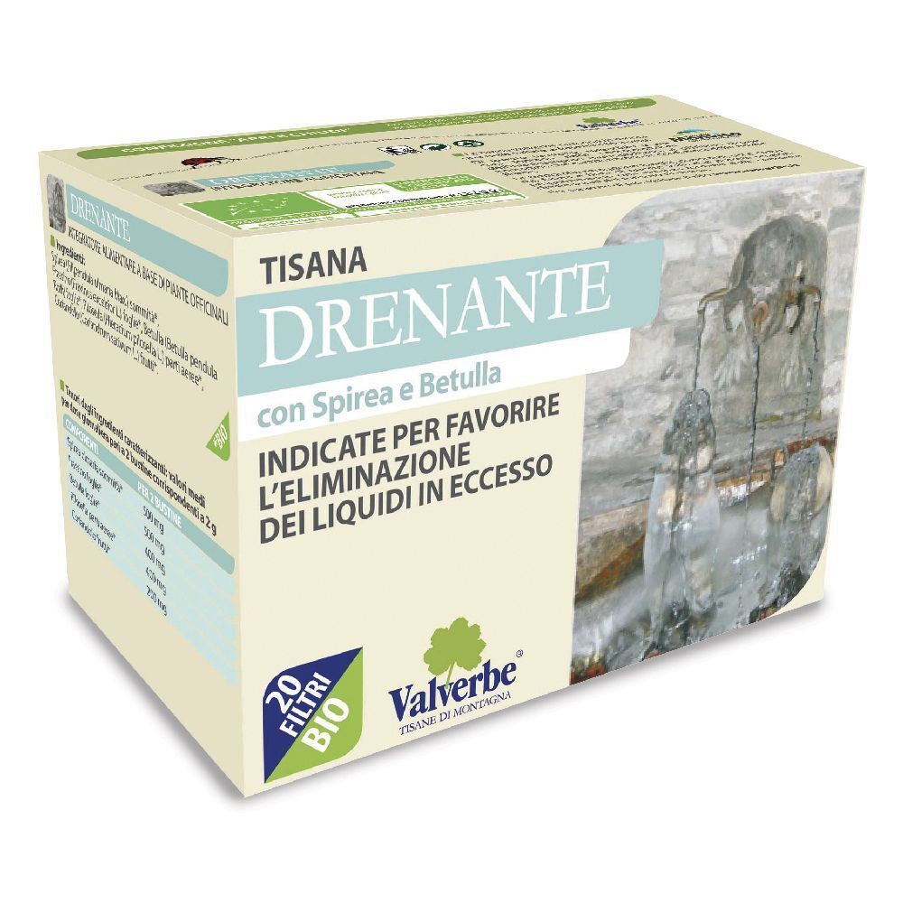 Scatola 'Tisana Drenante' con 'Valverbe'. 20 filtri. Certificazione bio.