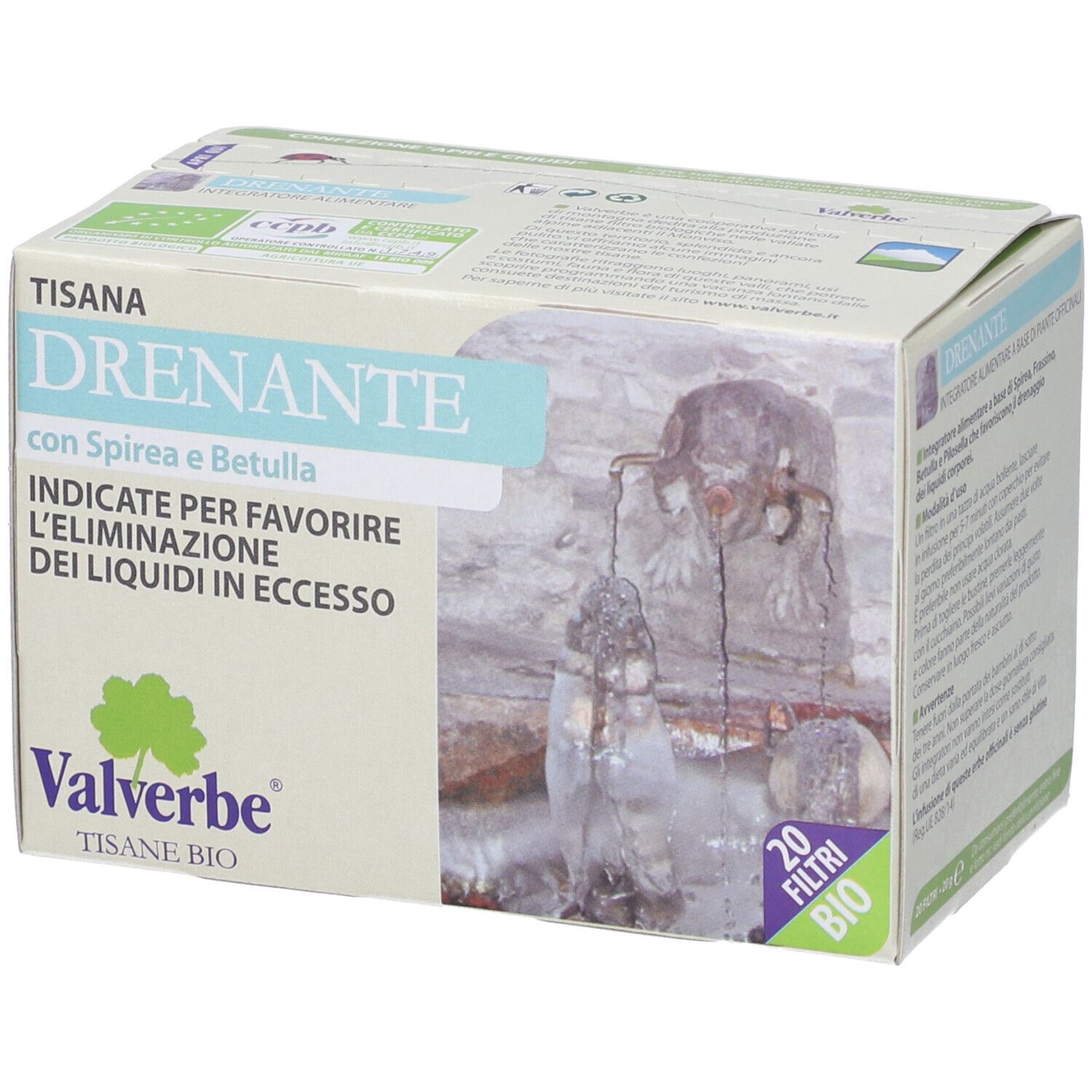 Scatola 'Tisana Drenante' con 'Valverbe'. 20 filtri. Certificazione bio.