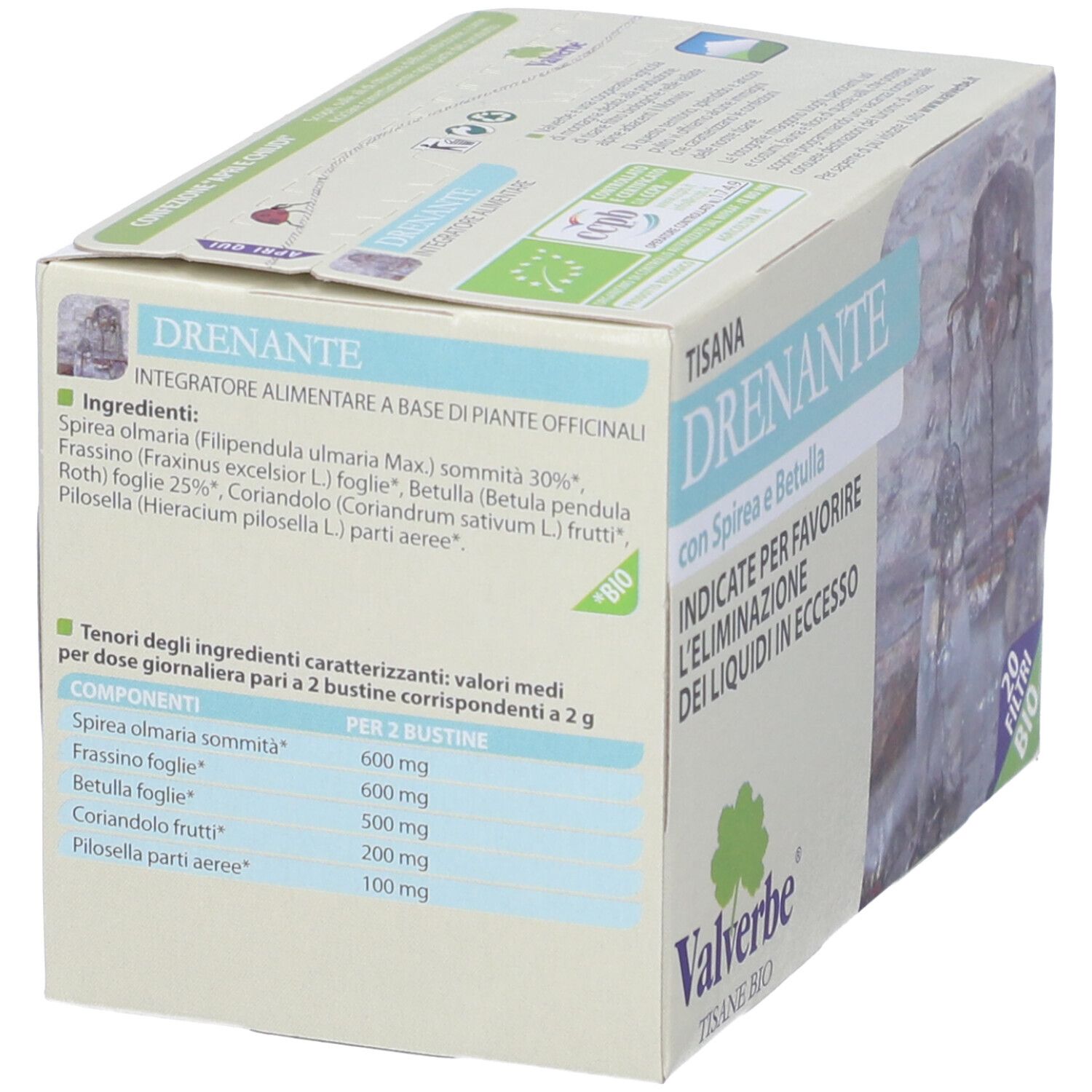 Scatola 'Tisana Drenante' con elenco ingredienti. Logo 'Valverbe'. Certificazione bio. 20 filtri.