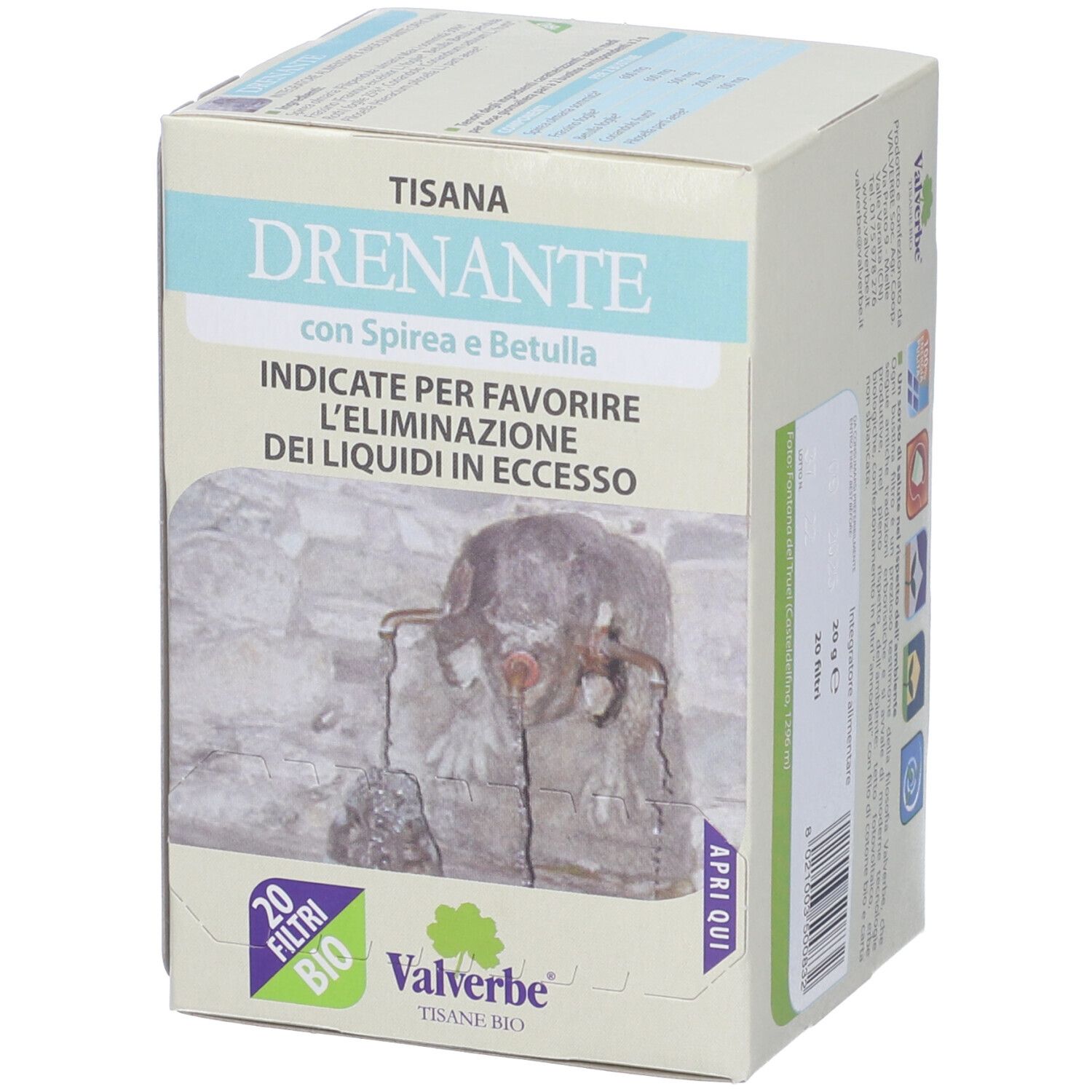 Scatola 'Tisana Drenante' con 'Valverbe'. 20 filtri. Certificazione bio. 'Apri qui'.