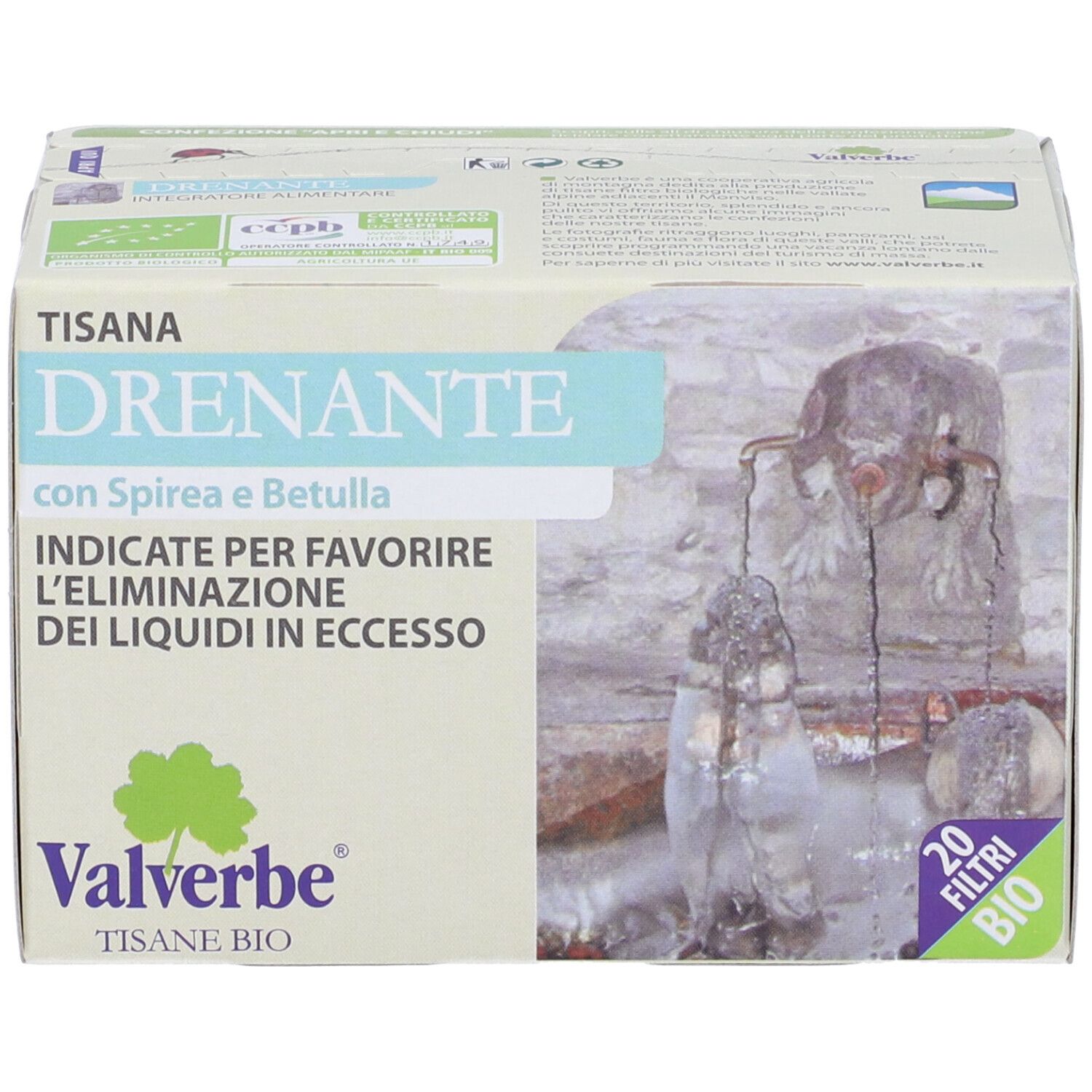 Scatola 'Tisana Drenante' con 'Valverbe'. 20 filtri. Certificazione bio.