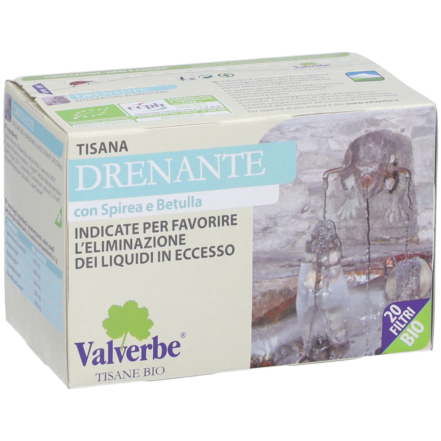 Scatola 'Tisana Drenante' con 'Valverbe'. 20 filtri. Certificazione bio.