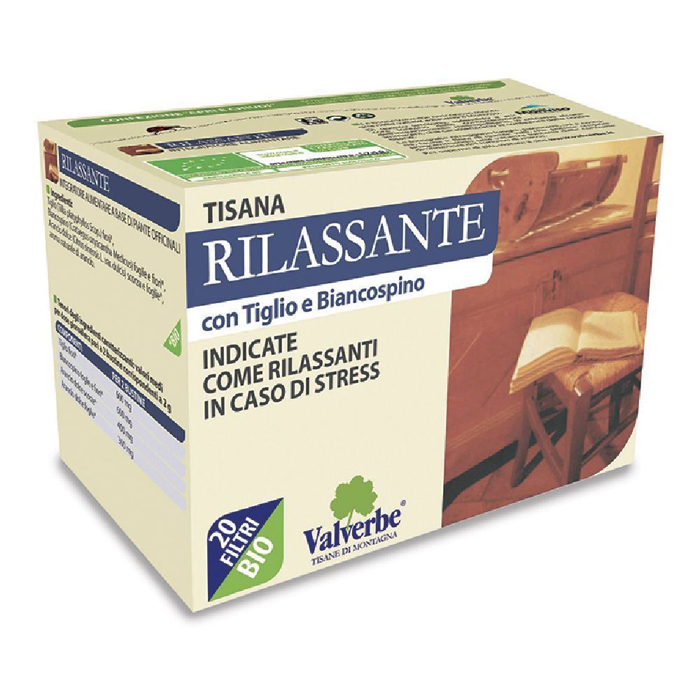 Scatola 'Tisana Rilassante' con 20 filtri, logo Valverbe e certificazione bio. Testo in italiano.
