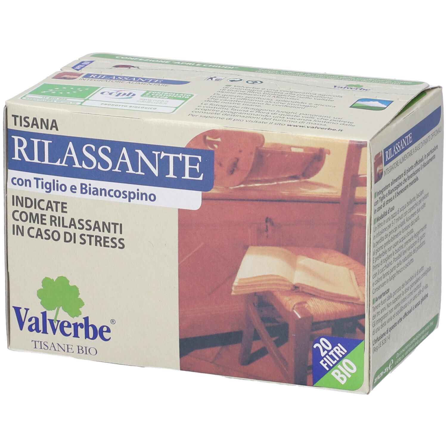 Scatola 'Tisana Rilassante' con 20 filtri, logo Valverbe e certificazione bio. Testo in italiano.