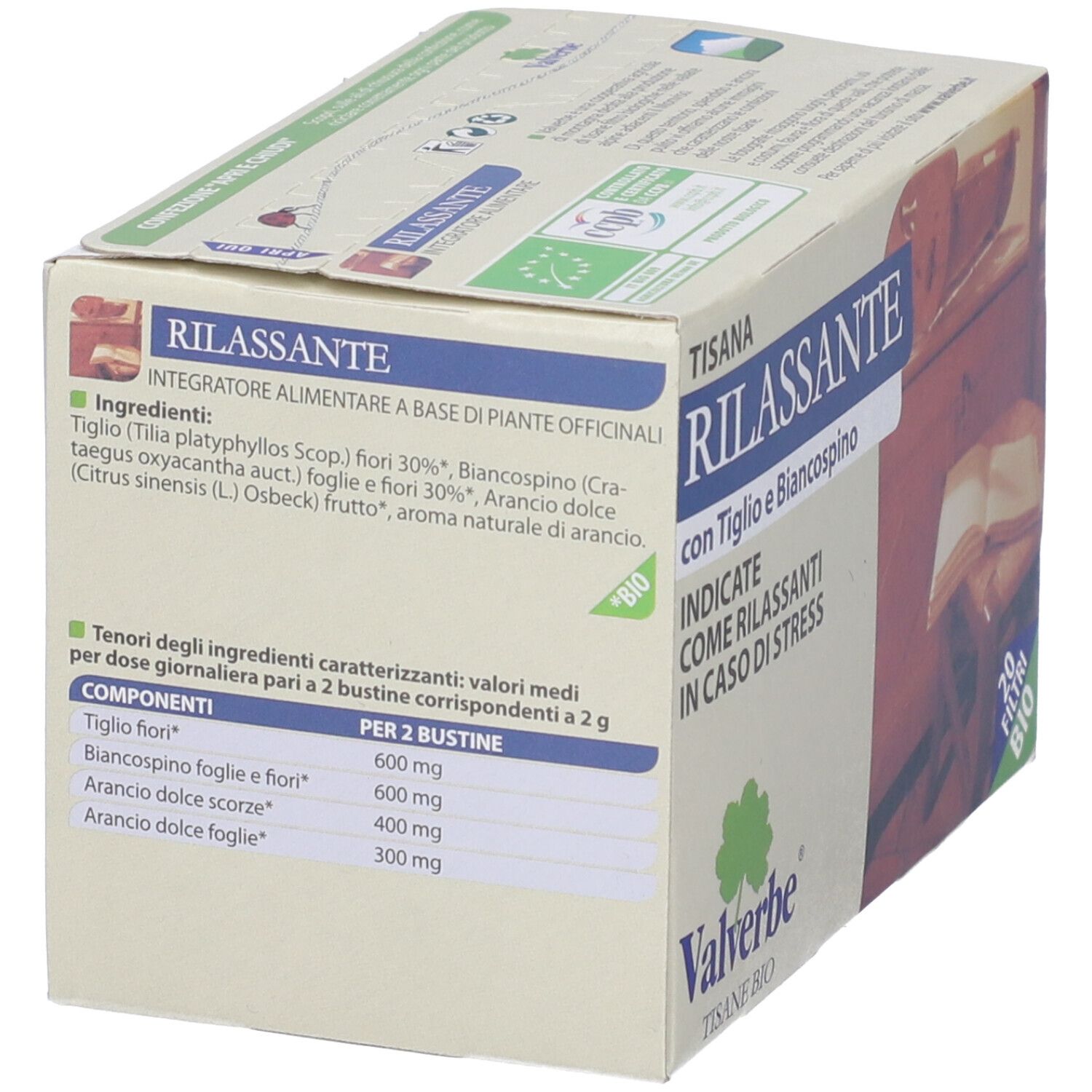 Scatola 'Tisana Rilassante' con elenco ingredienti e valori nutrizionali. Logo Valverbe e certificazione bio.