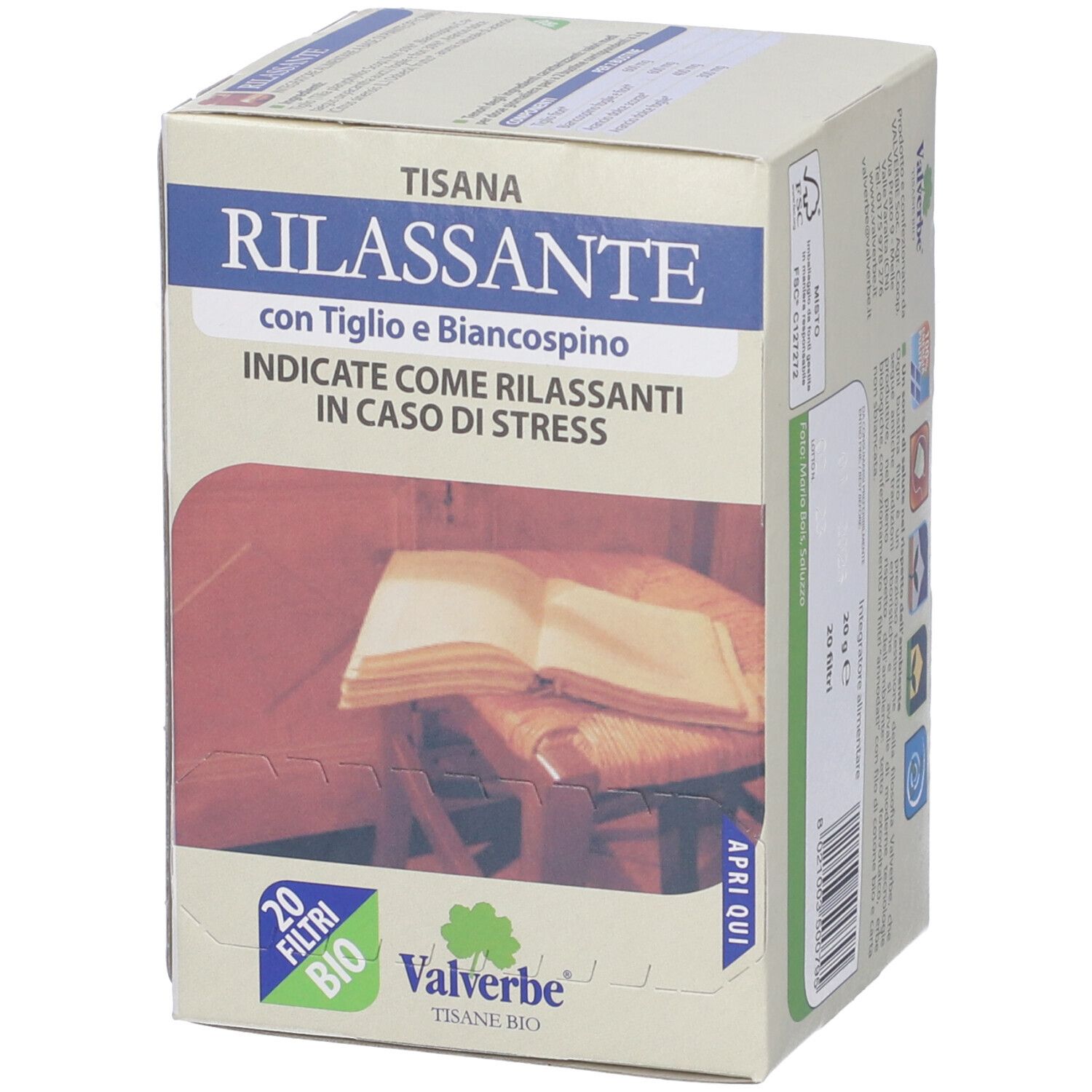Scatola 'Tisana Rilassante' con 20 filtri, logo Valverbe e certificazione bio. Testo in italiano.