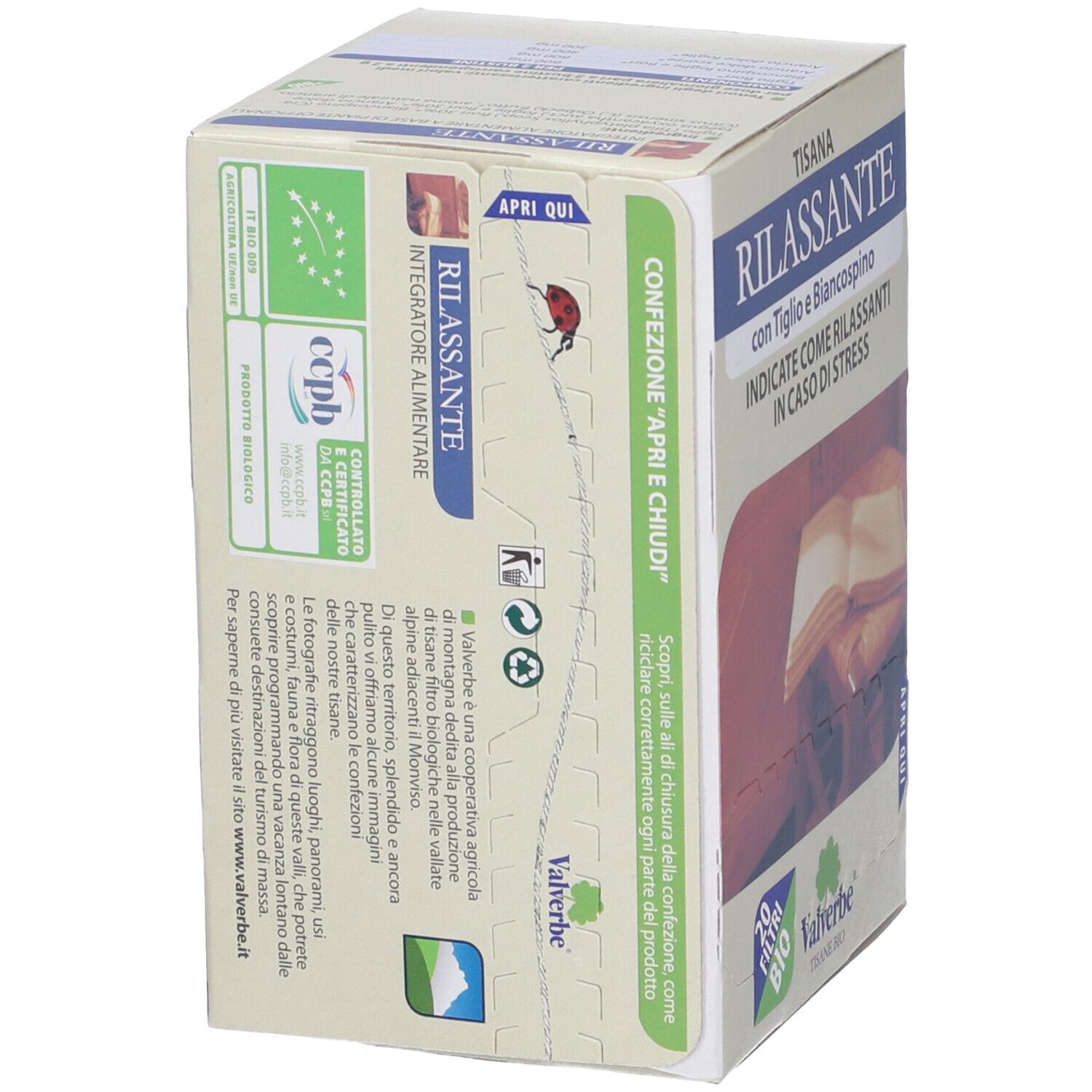Scatola 'Tisana Rilassante' con indicazione 'Apri e Chiudi'. Logo Valverbe e certificazione bio.