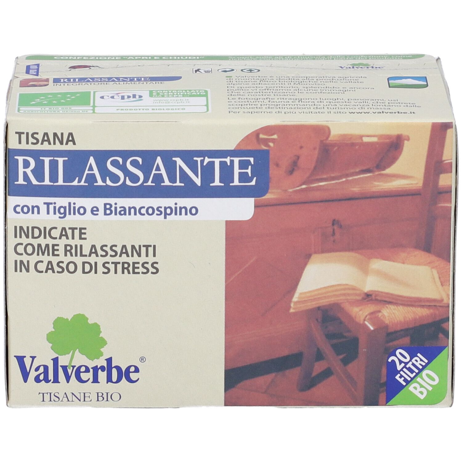 Scatola 'Tisana Rilassante' con 20 filtri, logo Valverbe e certificazione bio. Testo in italiano.