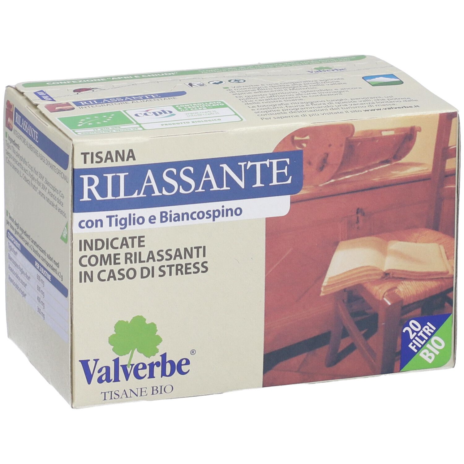 Scatola 'Tisana Rilassante' con 20 filtri, logo Valverbe e certificazione bio. Testo in italiano.